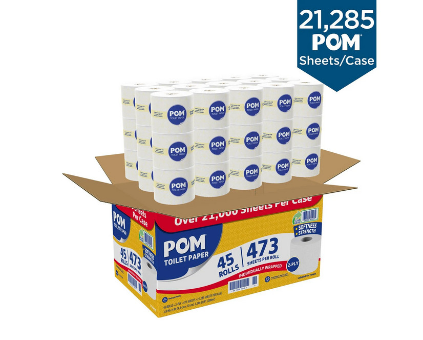 POM 2-Ply Toilet Paper 45 Rolls, 473 Sheets/Roll Bulk Bathroom Tissue