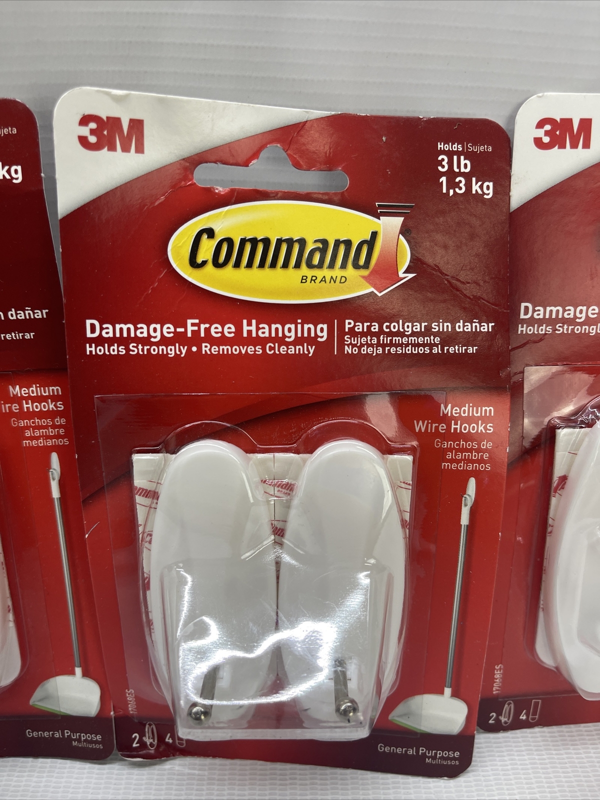 3 X 3M Command Medium Wire Hooks – 2 Hooks 4 Strips EACH – Holds 3 lbs – White
