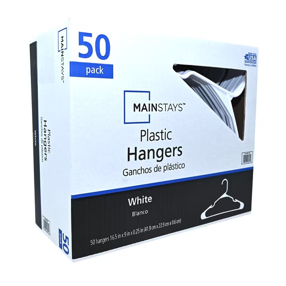 Mainstays Clothing Hangers, 50 Pack, White, Durable Plastic