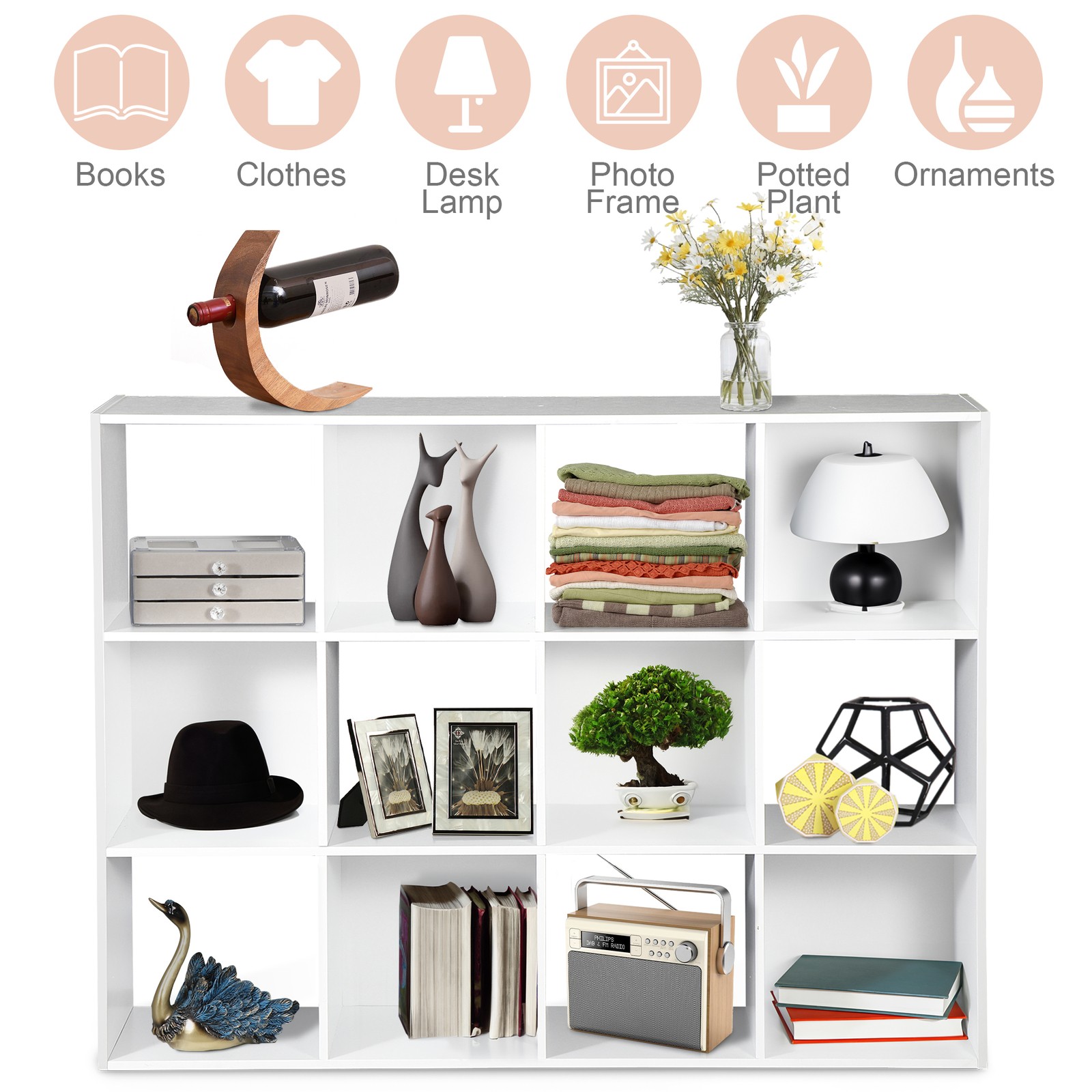 12-Cube White Storage Organizer Bookcase Home Office Display Bookshelf Shelves