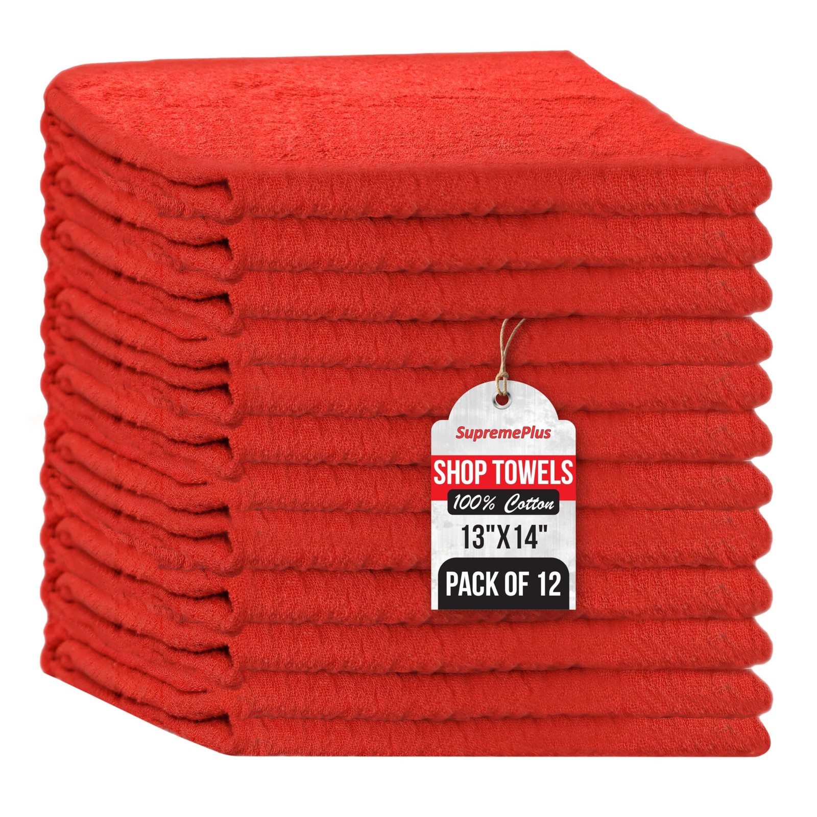 SupremePlus Premium Red 100% Cotton Shop Towels, 12 Pack, 13”x14”, Reusable C…