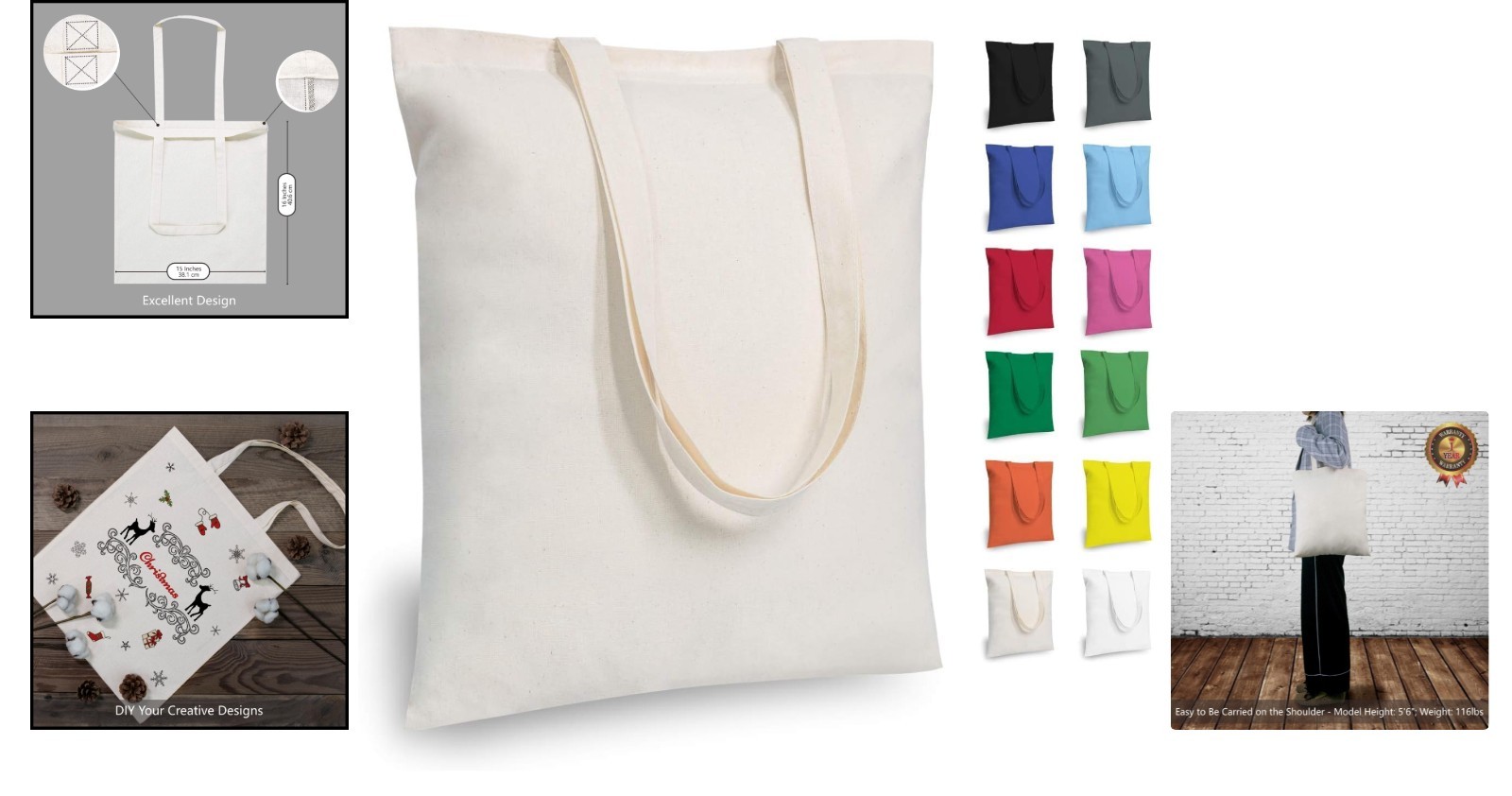 Reinforced Handle Cotton Tote Bags for Grocery, Gifts, and Promotions – 3-Pack