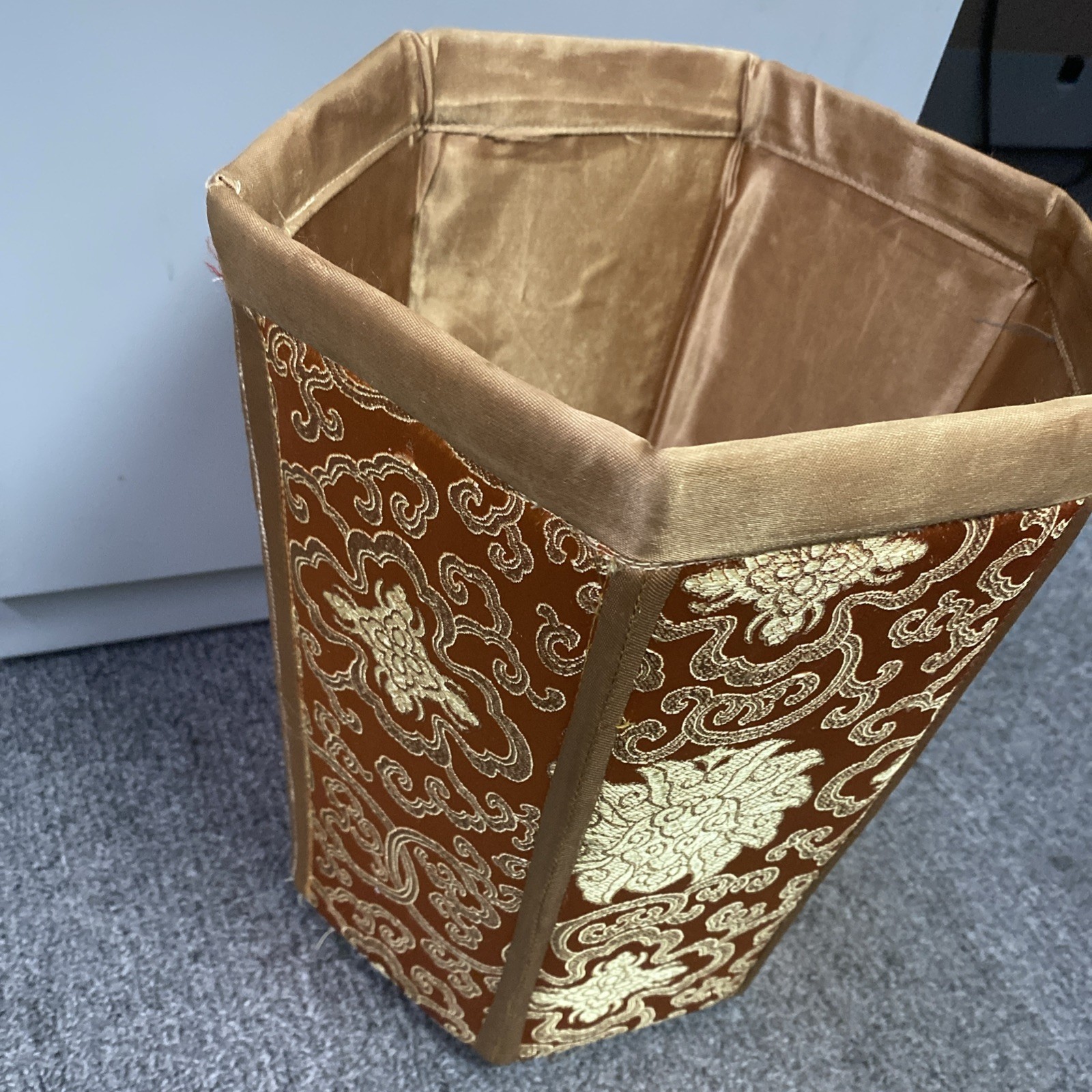 VTG Chinese Silk Brocade Hexagonal Waste paper Trash Basket Mcm 11.5x9x8″