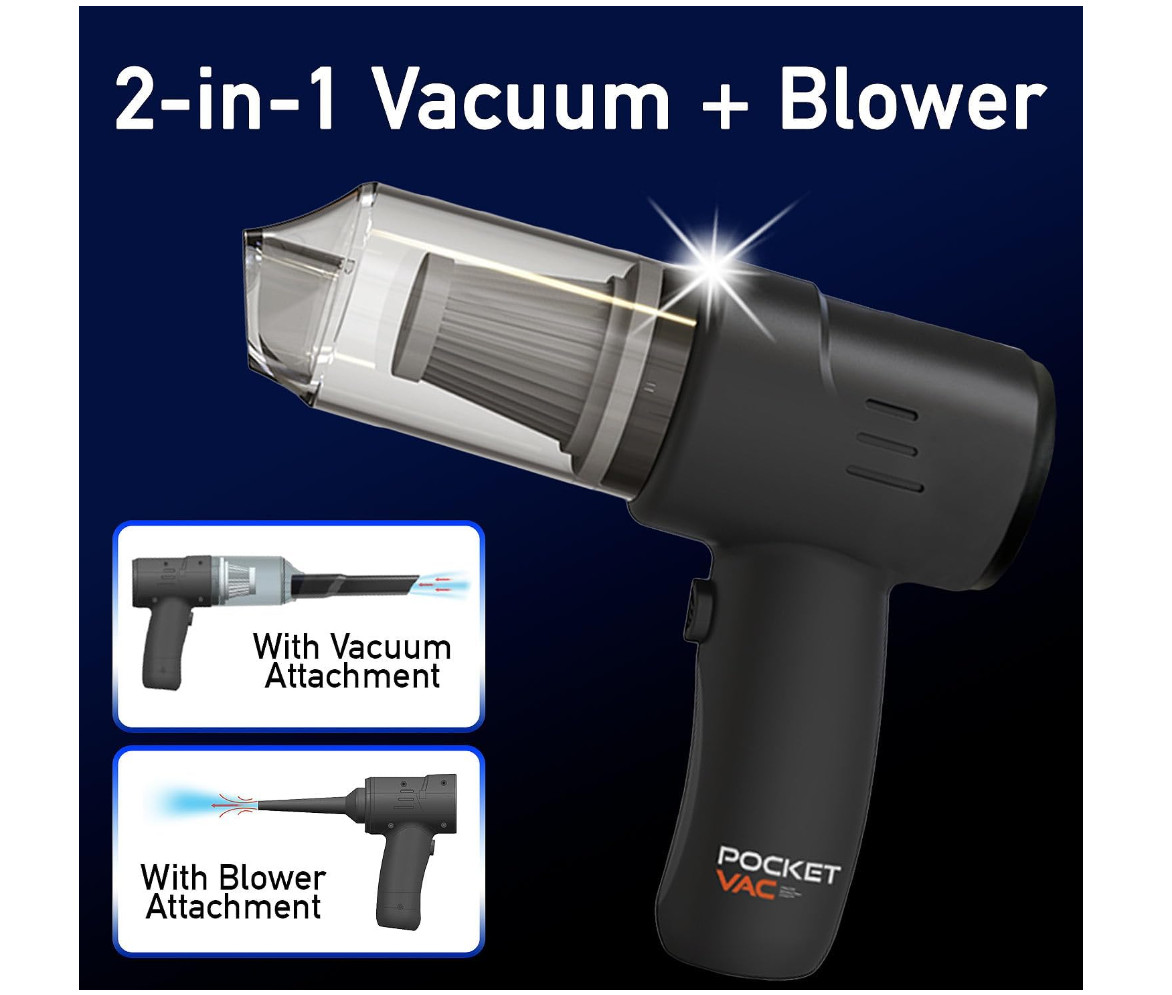 POCKET VAC Cordless Handheld Vacuum/Blower w/Attachments USB RECHARGEABLE