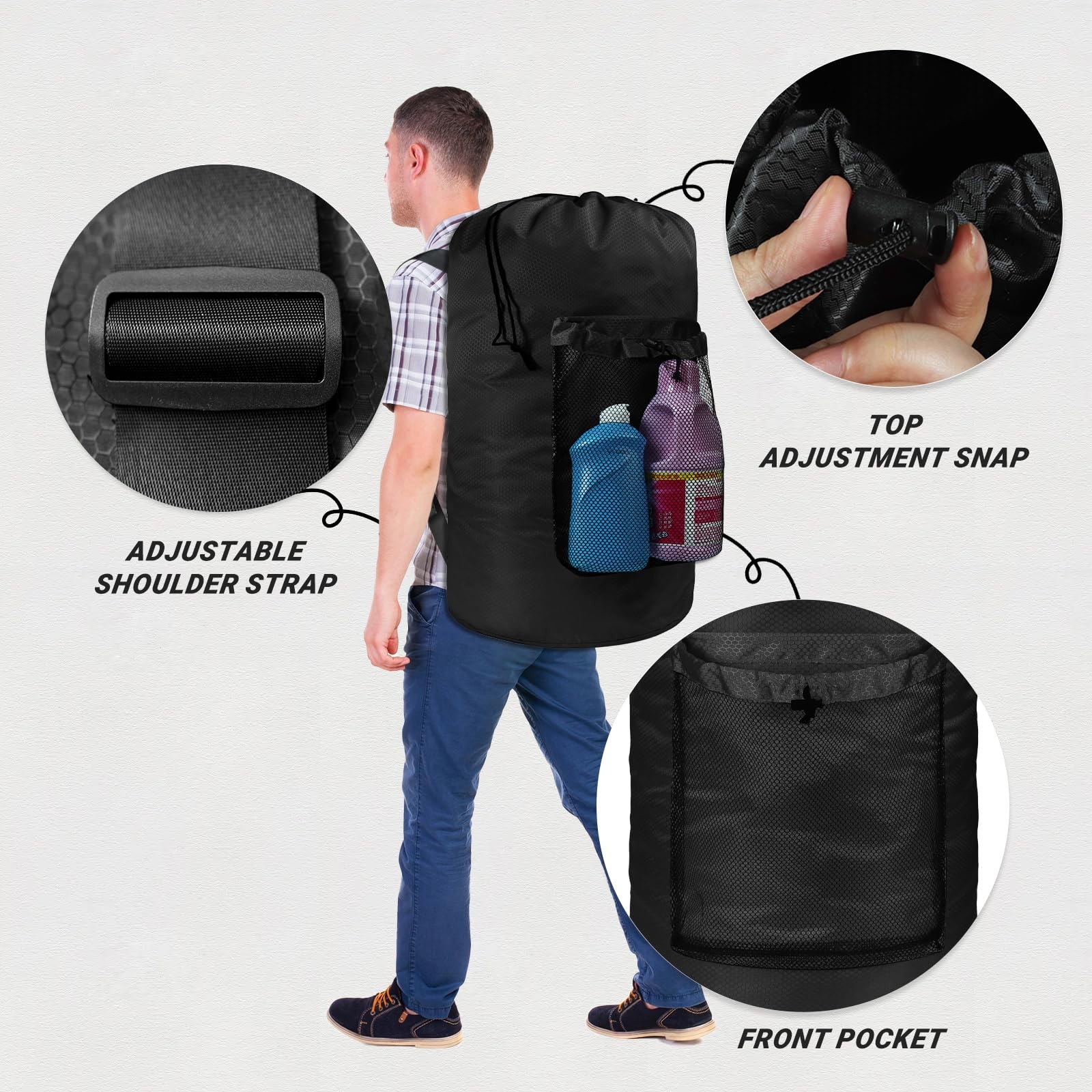 Laundry Bag with Shoulder Straps and Mesh 13″ x x 27″ inches, Black