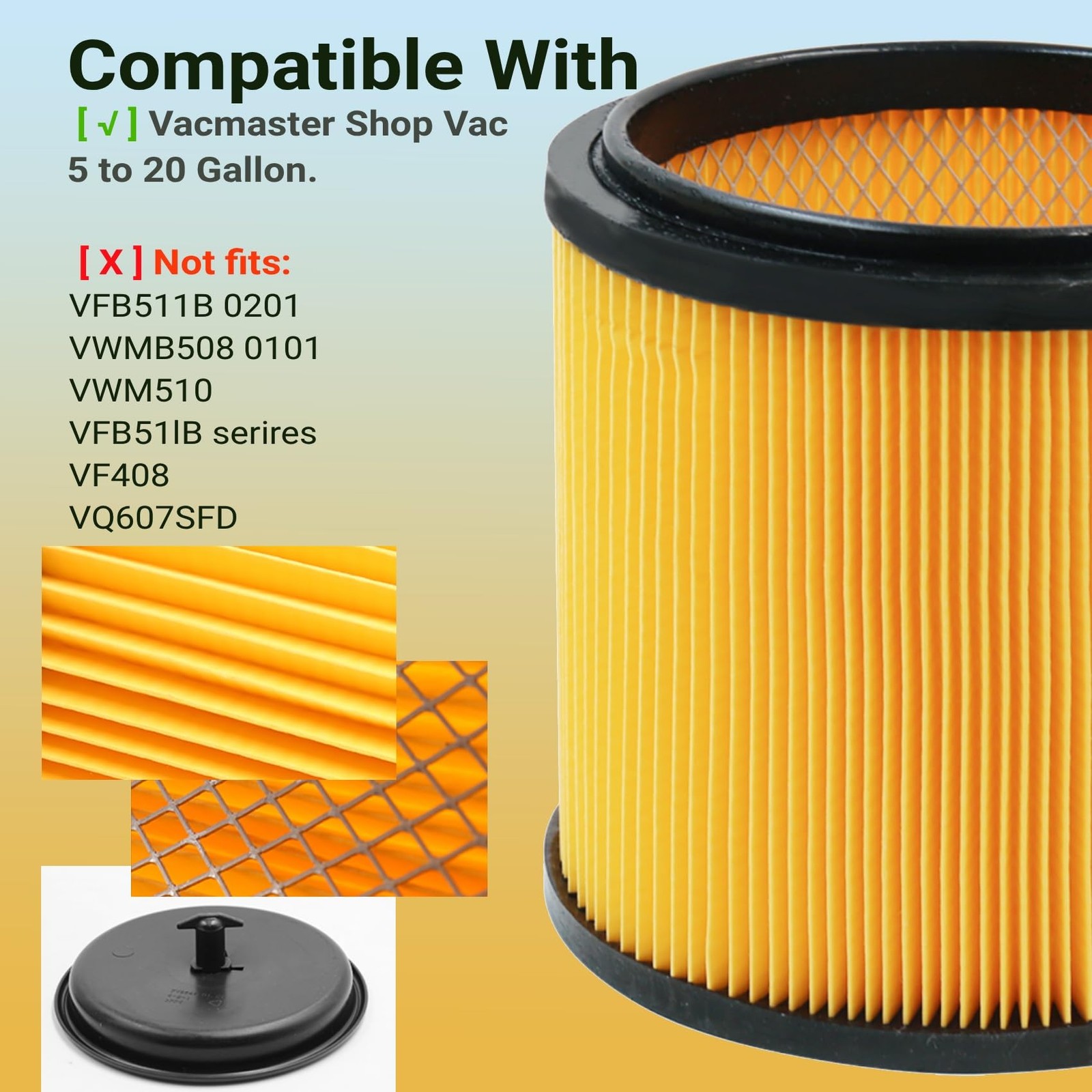 2 Pack Replacement for Vacmaster Filter, VCFS Shop Vac Filters 2 PACK, Yellow