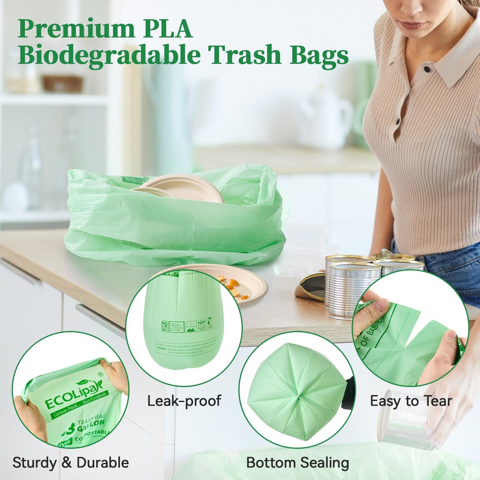 ECOLipak 13 Gallon Compostable Trash 1 Count (Pack of 50), 13gallon-50count