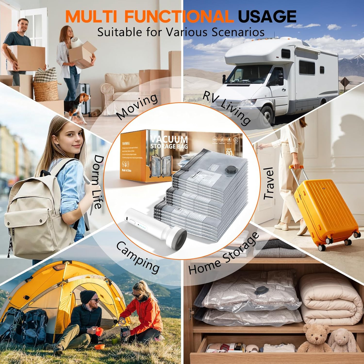 15 Pack Vacuum Storage Bags for Travel with Rechargeable Cordless Pump, Space Sa