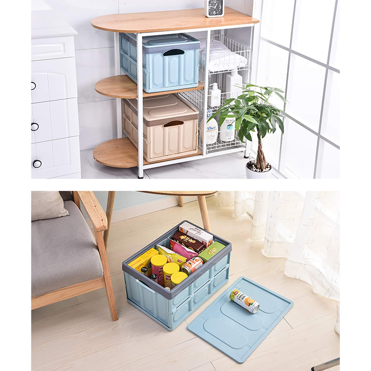 Lidded Storage Bins 2 Pack 30L Blue – Stackable Collapsible Plastic Crates