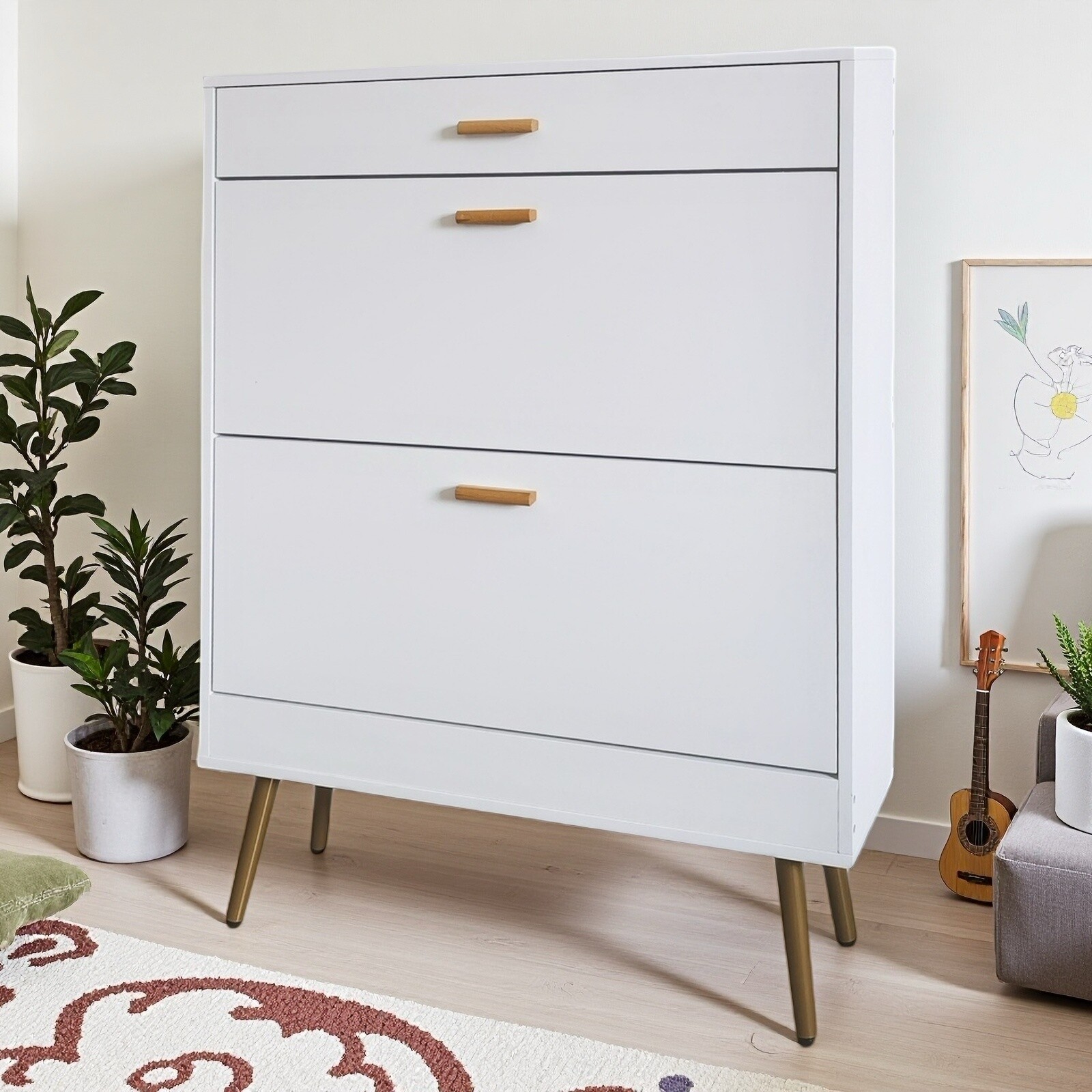 White 2 Flip Drawers Shoe Cabinet, Luxury Shoe Storage & Shoe Rack