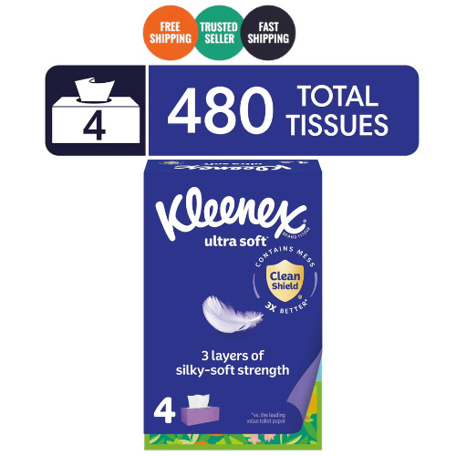 Kleenex Ultra Soft Facial Tissues, 4 Flat Boxes, 120 Tissues per Box, 3-Ply