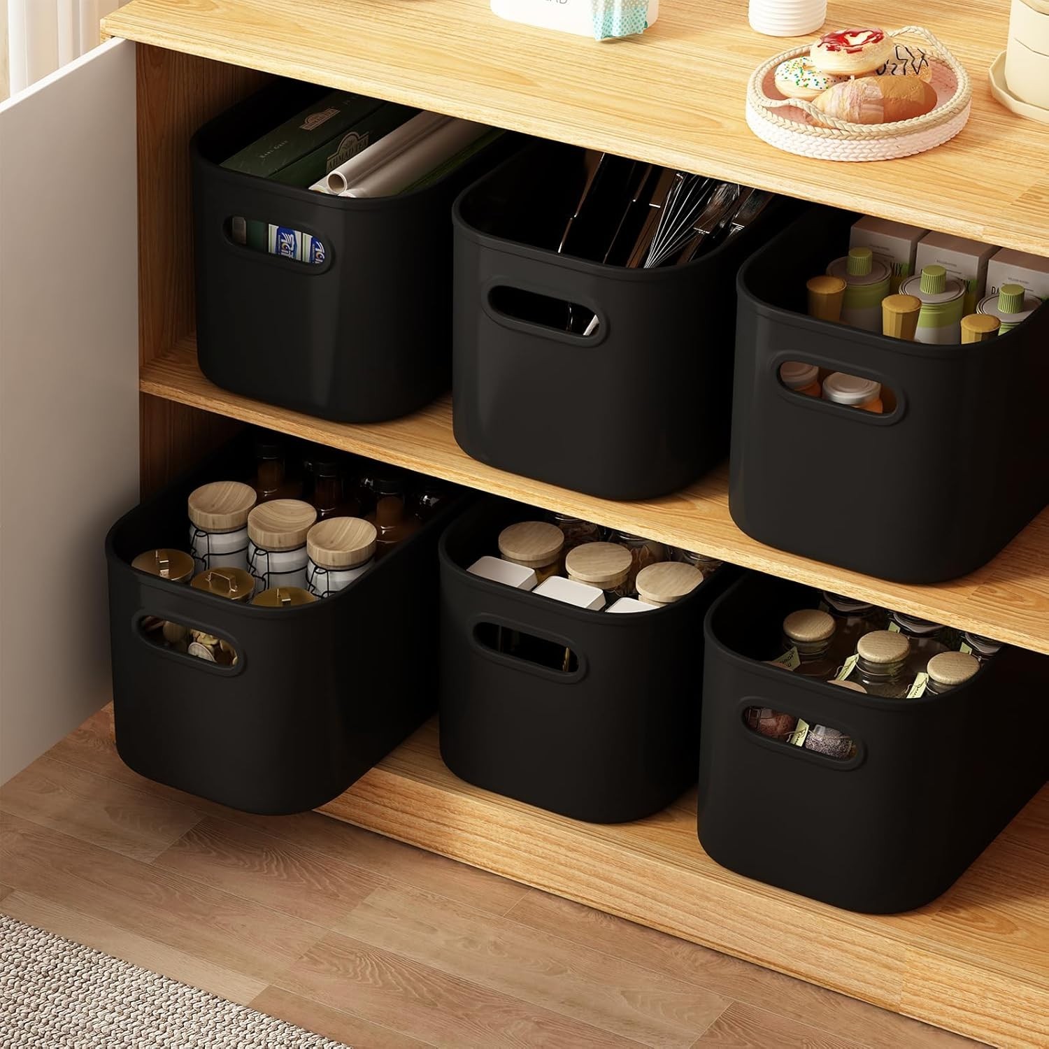 Stackable 6 Pack Black Storage Containers with Flip Top Lids for Versatile Use