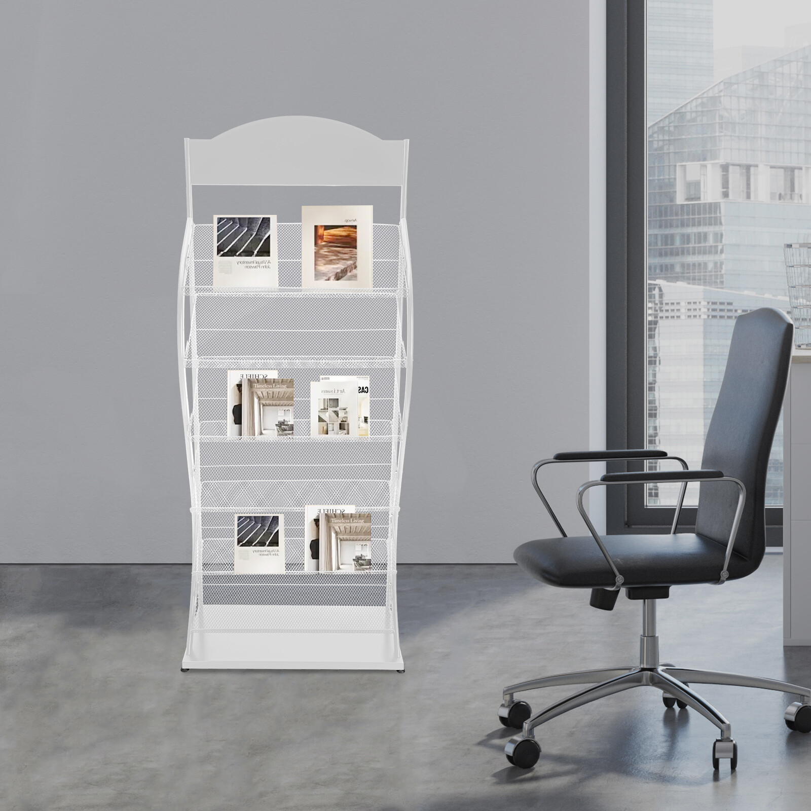 6 Tiers Magazine Display Stand Gray and White Brochure Rack For Offices/Shops.