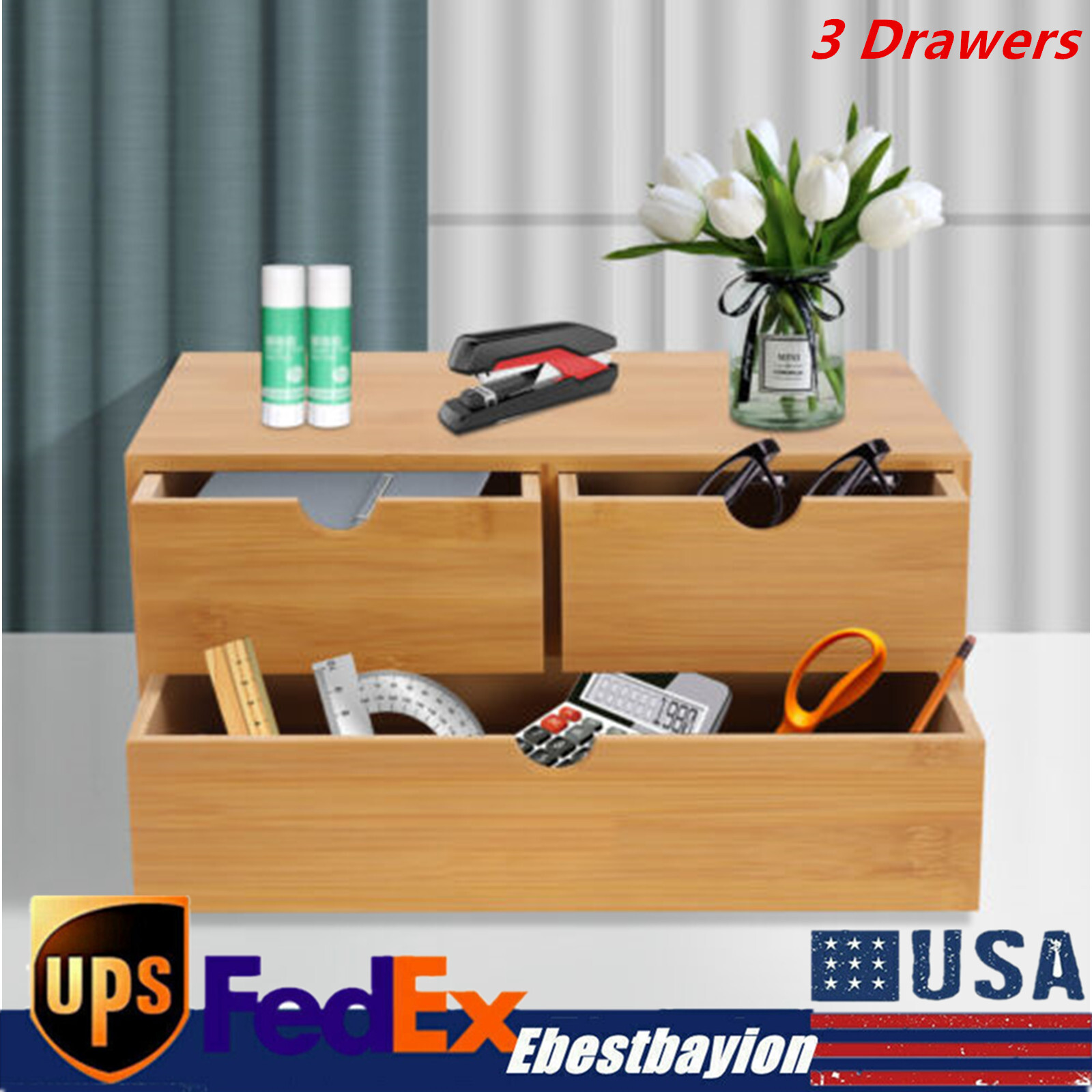 Bamboo Desk Organizer with 3 Drawers, Tabletop Storage Box No Assembly Required