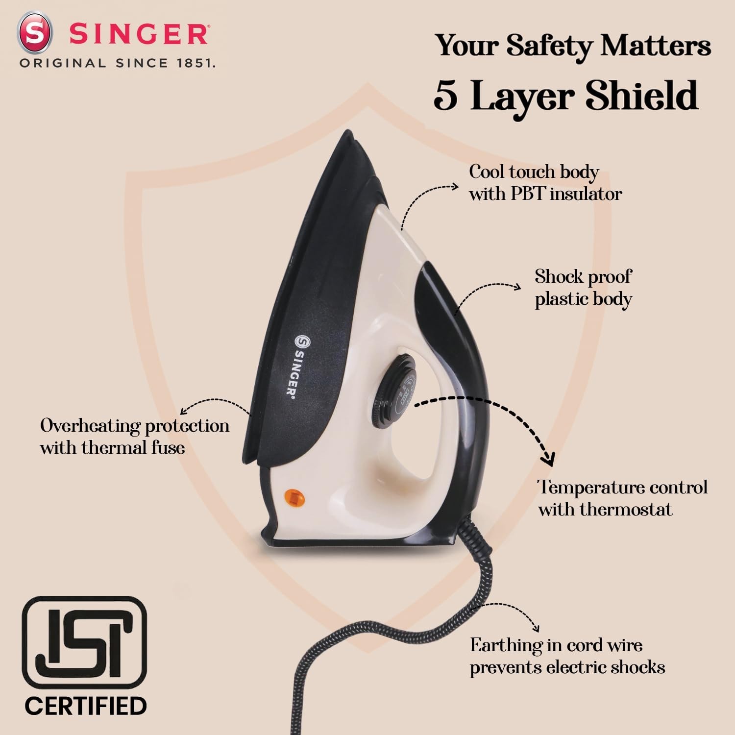 SINGER Auro 1000 Watts Dry Iron | Bigger Sole Plate for Faster Ironing 220V