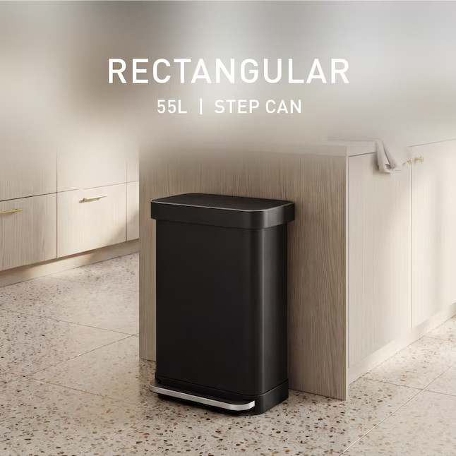 simplehuman 55L rectangular step can with liner pocket matte black steel