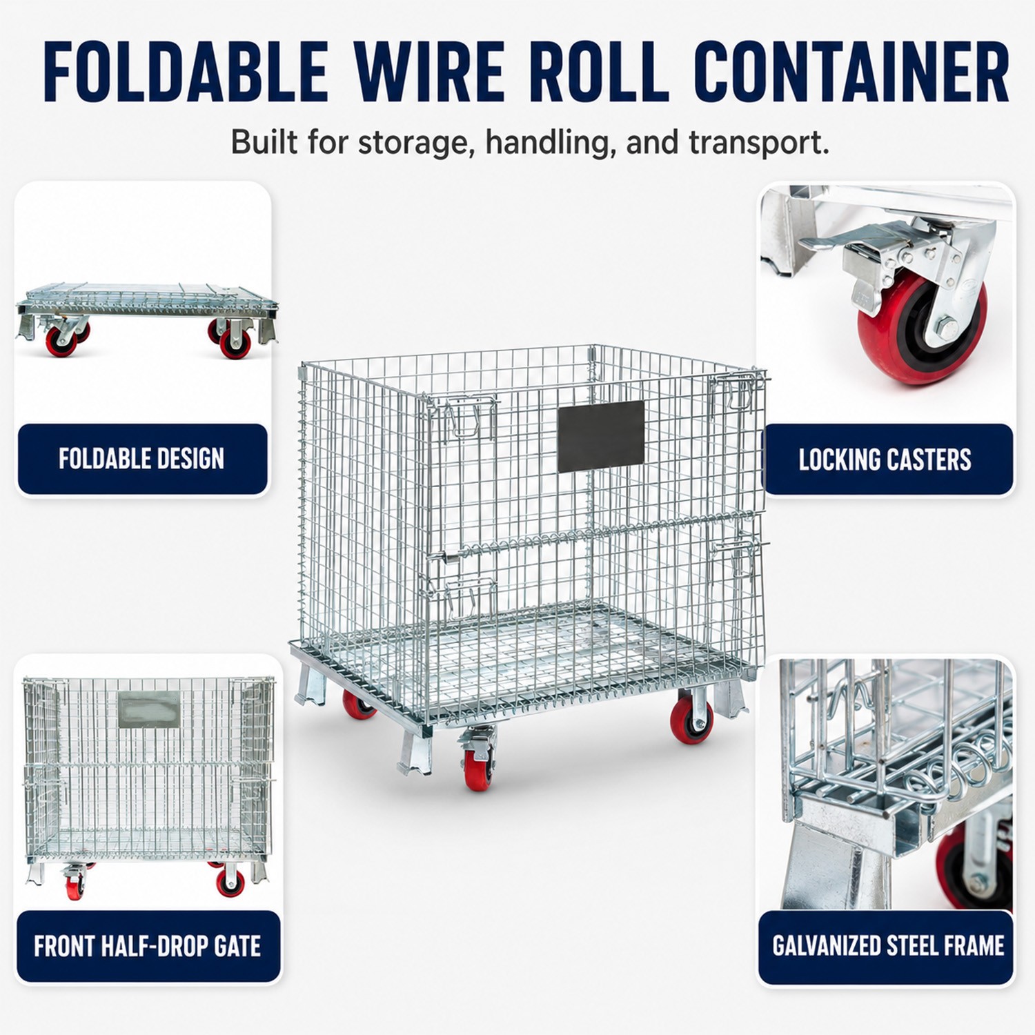3000 lbs Foldable Wire Storage Basket with Wheels 40″x32″x34″ for Laundry Room