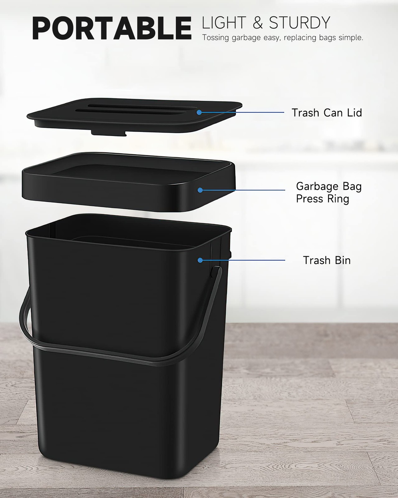 1.3 Gal Kitchen Compost Bin, Hanging Small Trash Can, 5L, Black