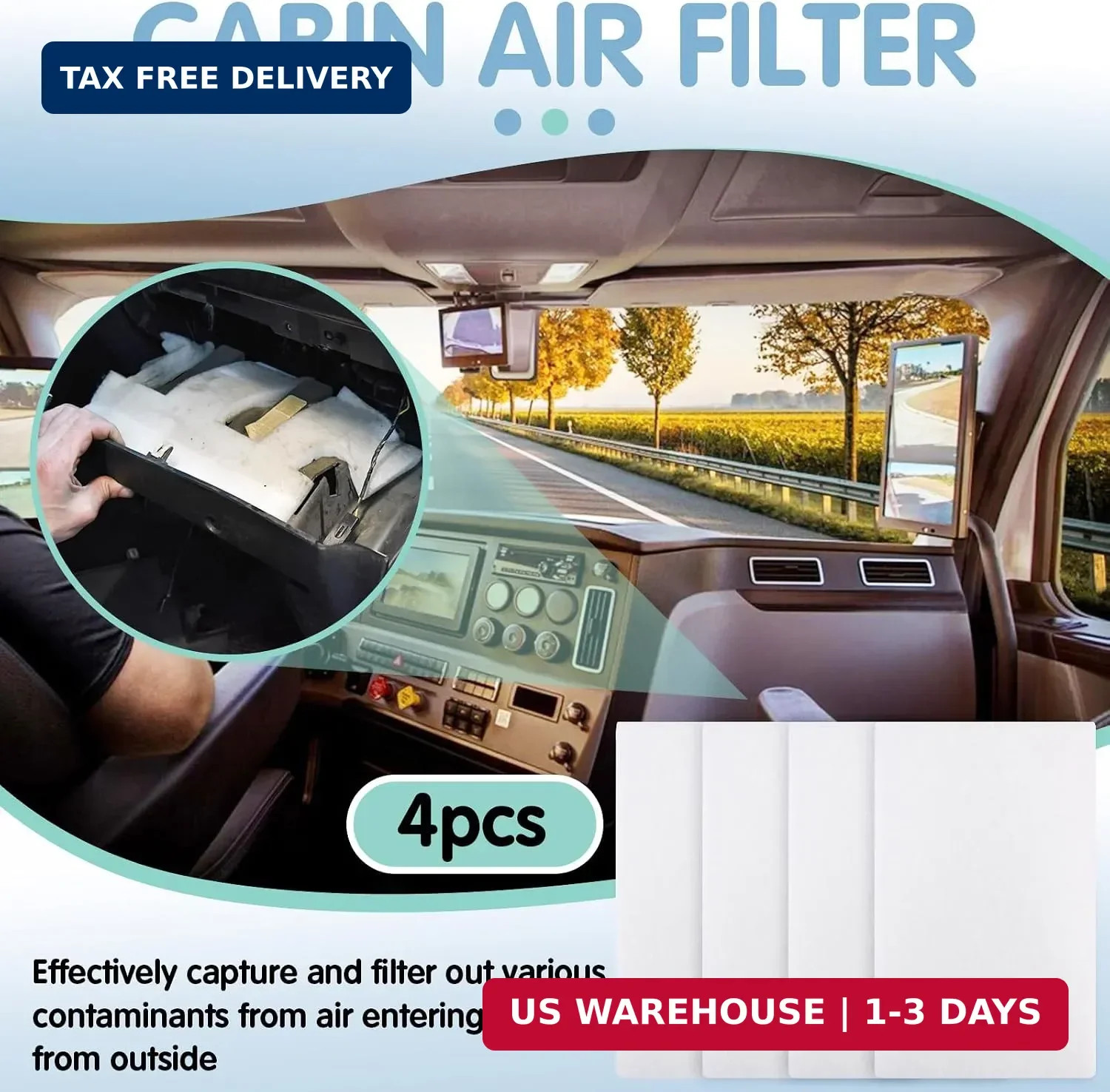 4 Pack Cabin Air Filter Fit for Freightliner Cascadia Trucks 2019-2023, Upgrade