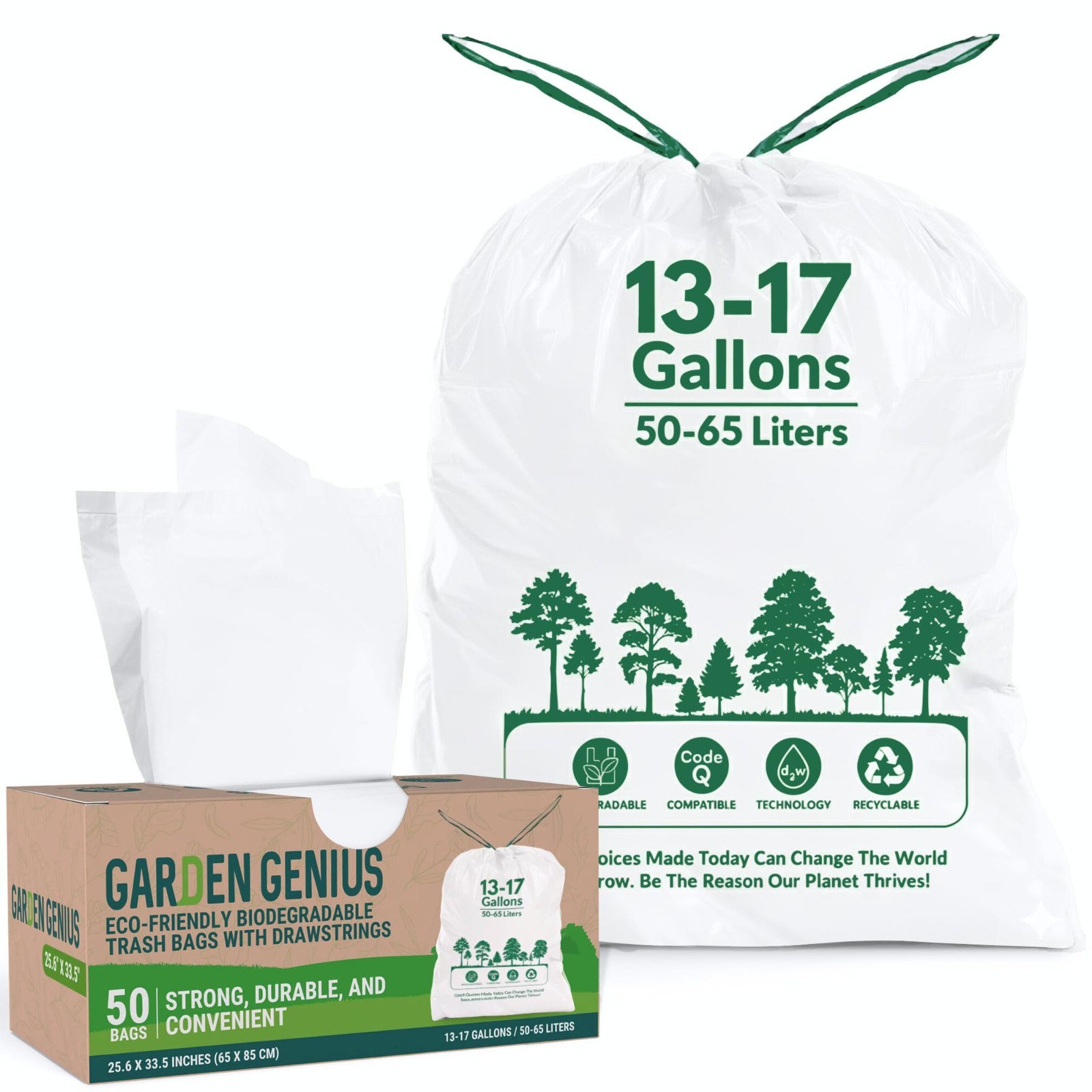 Biodegradable 13-17 Gallon Trash Bags, Heavy-Duty Drawstring Kitchen Bags, Eco-F