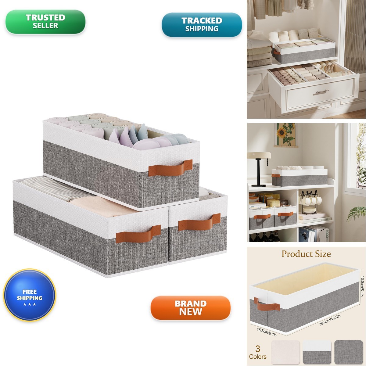 YheenLf Storage Baskets White/Gray Boxes 15x6x5 In 3-Pack