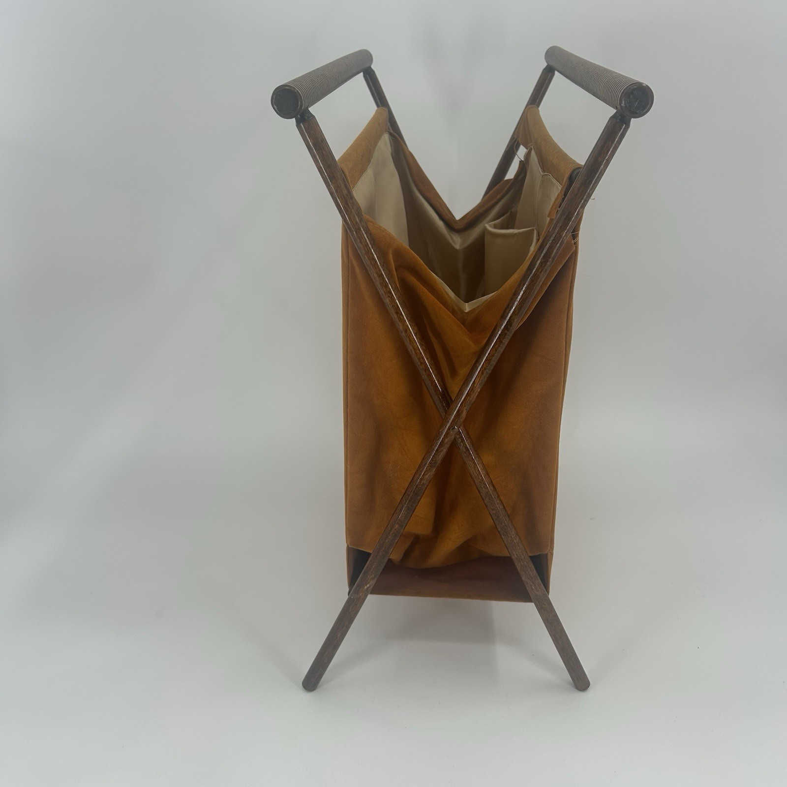 Vintage MCM, Mid Century Modern Folding Wood Leather Magazine Rack Fast Shipping