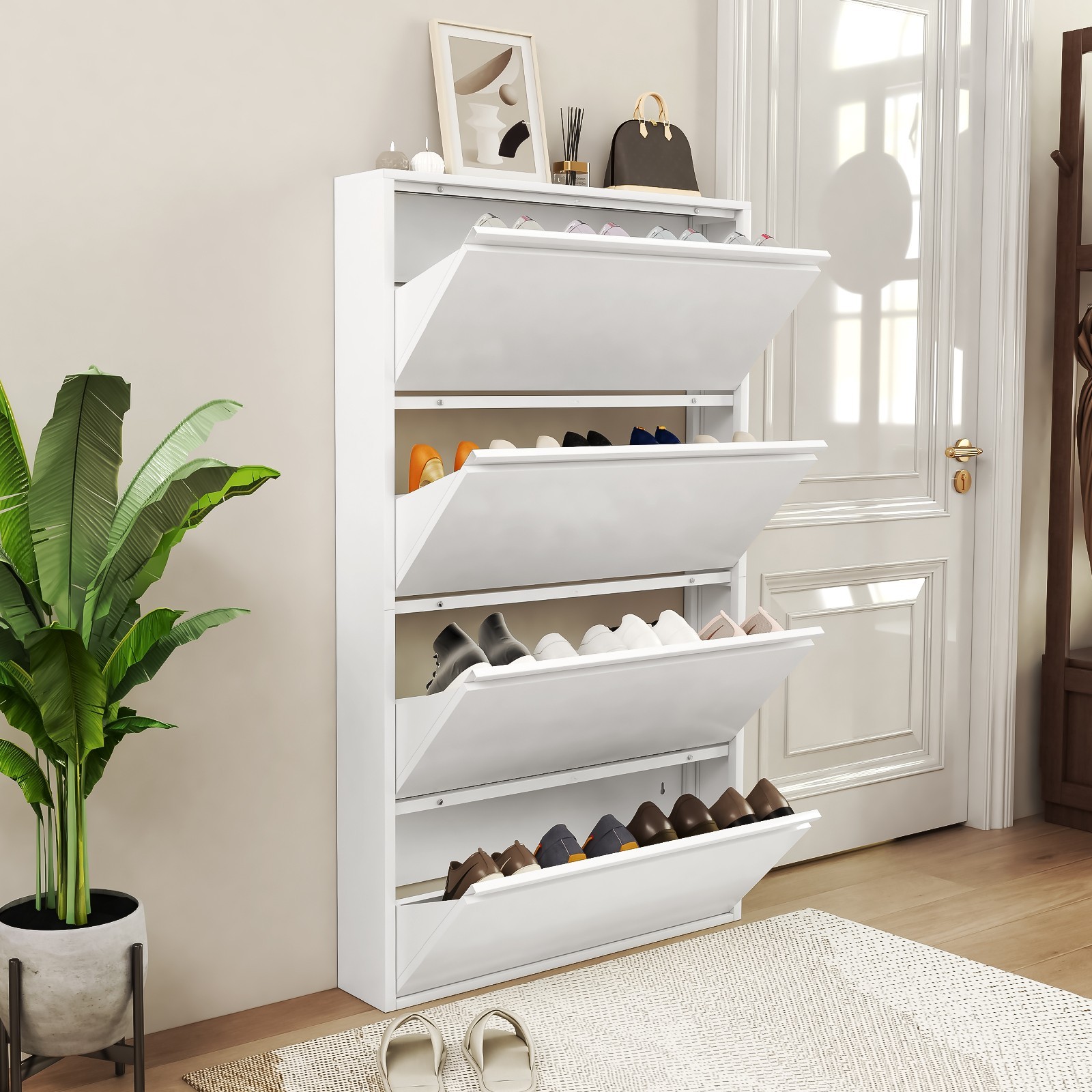 Metal Shoe Cabinet with 4 Flip Drawers, Wall Mount Shoe Organizer for Entryway