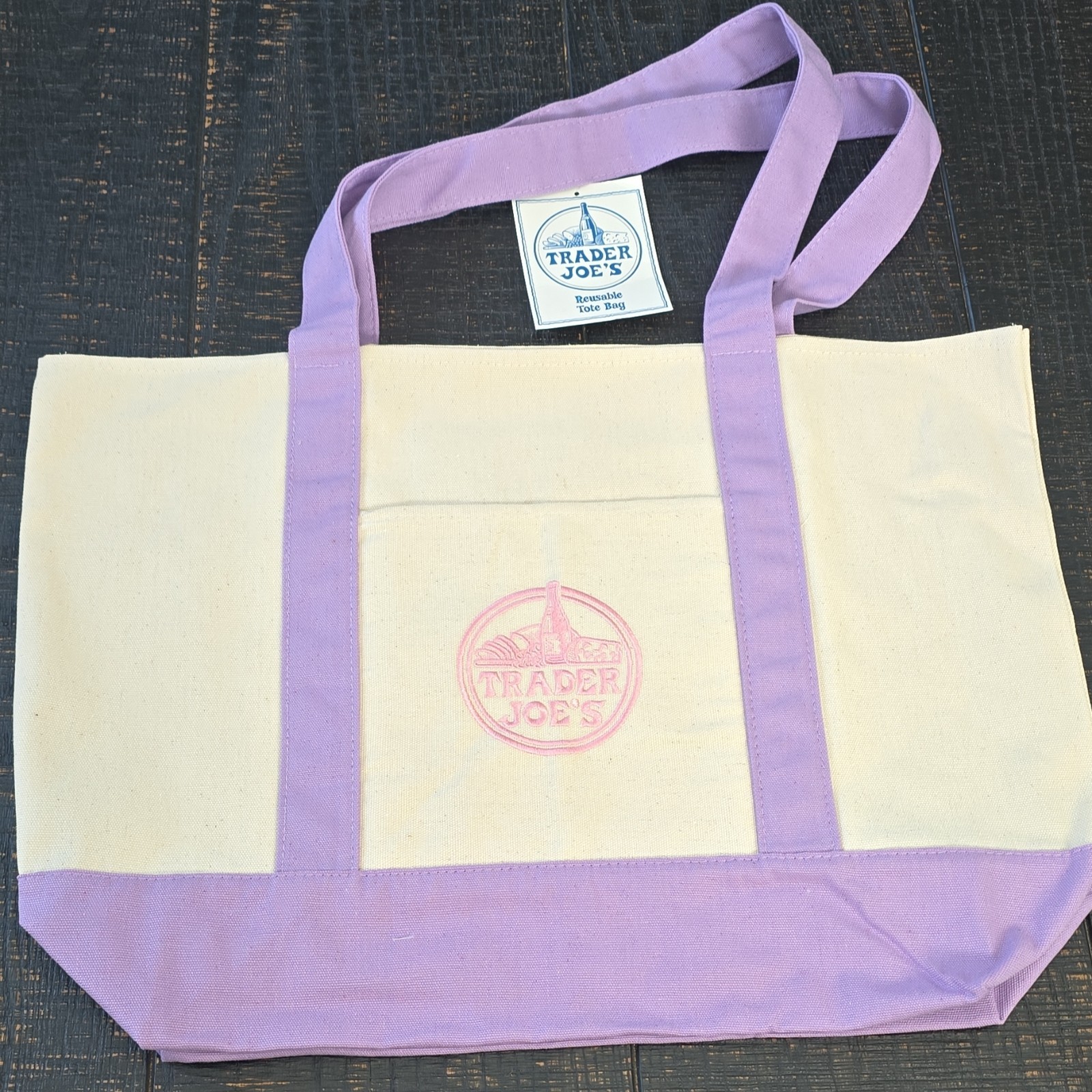 Trader Joe’s Foldable Reusable Shopping Bag Beige Purple Pink Cotton Polyester
