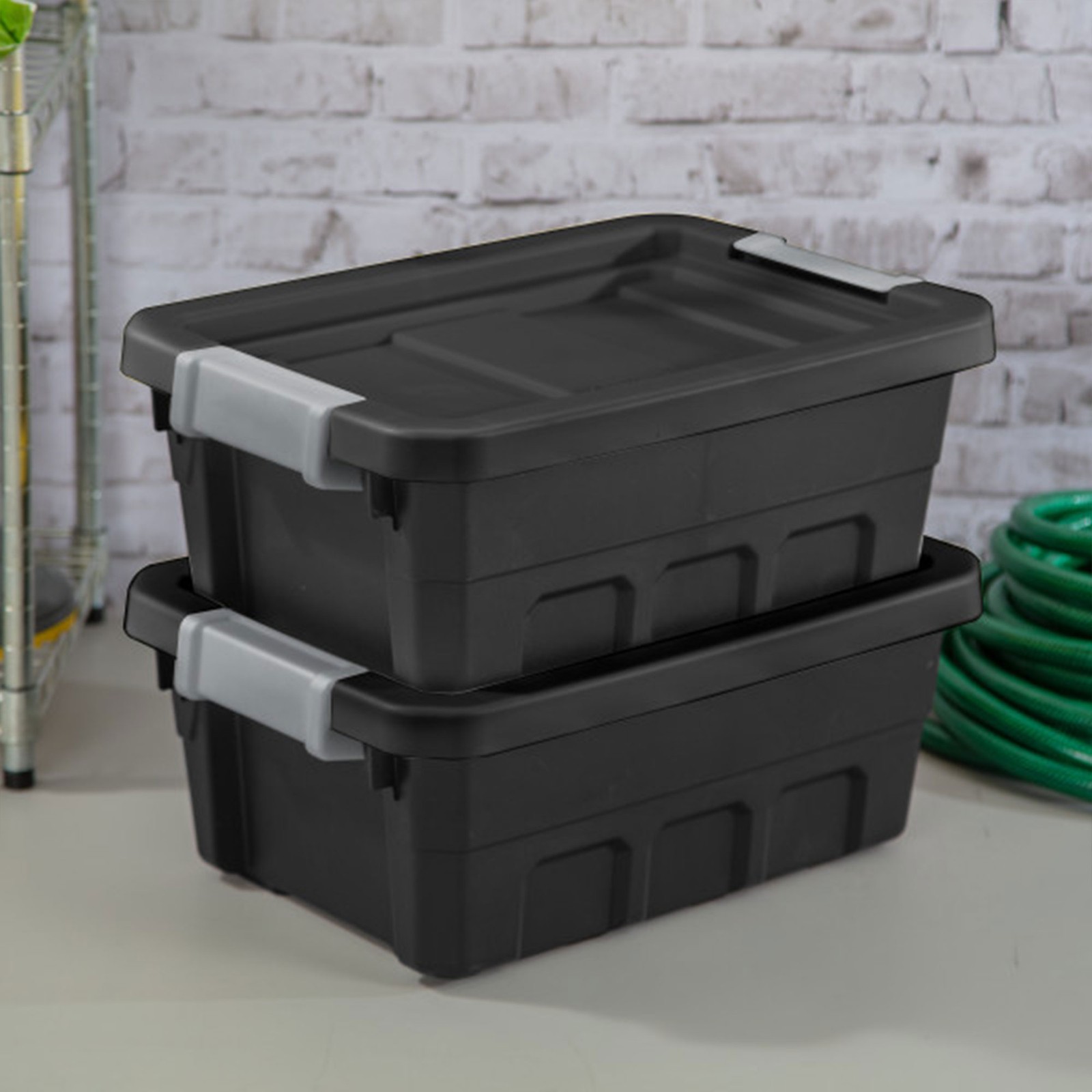 Sterilite 4 Gallon Industrial Storage Totes with Latch Clip Lids, Black (6 Pack)