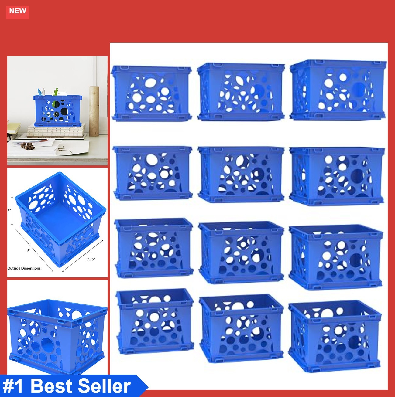 Stackable Storage Crates Mini Desktop Organization 9×7.75×6 Inches School Blue