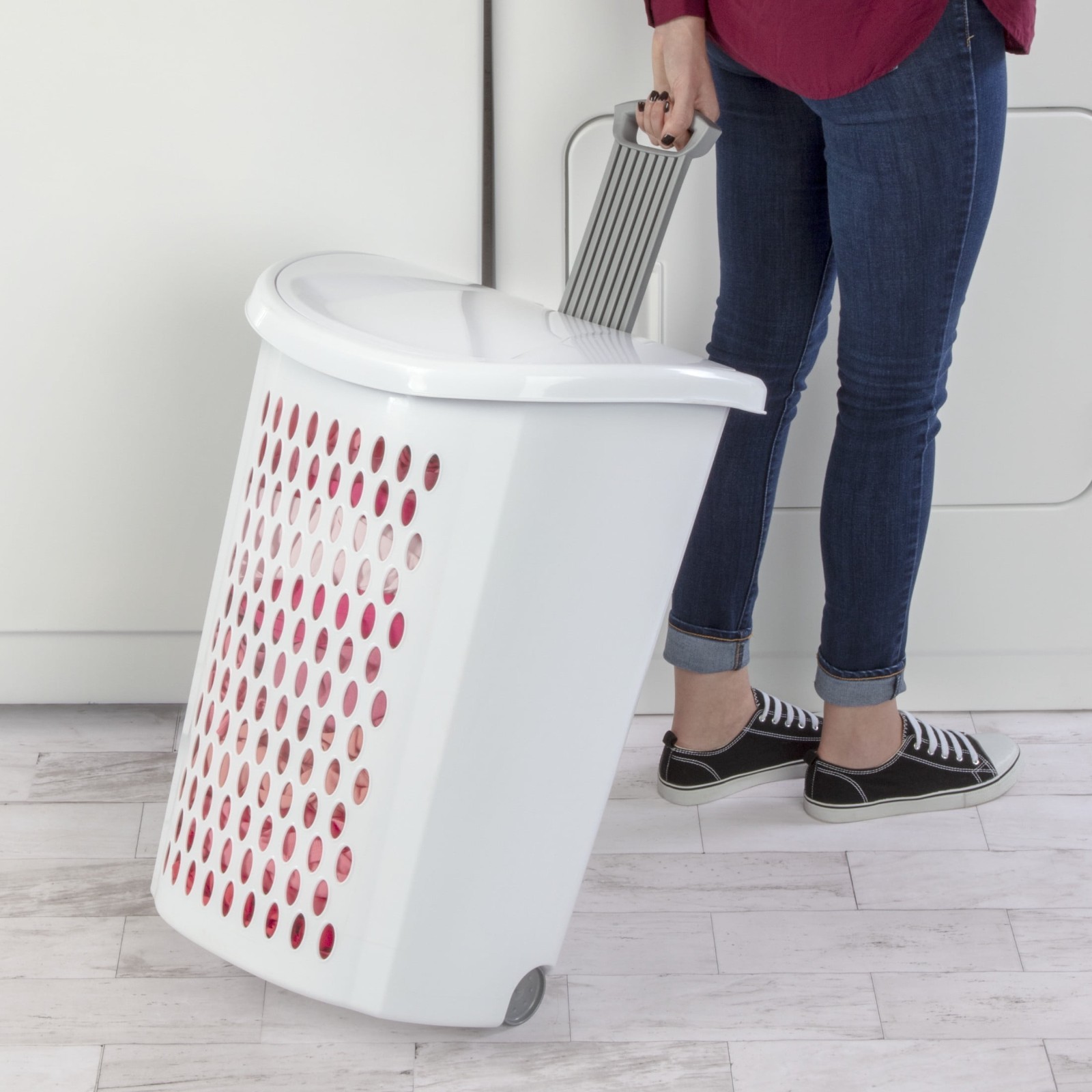 Wheeled Laundry Hamper White Plastic Basket Handle Rolling Storage