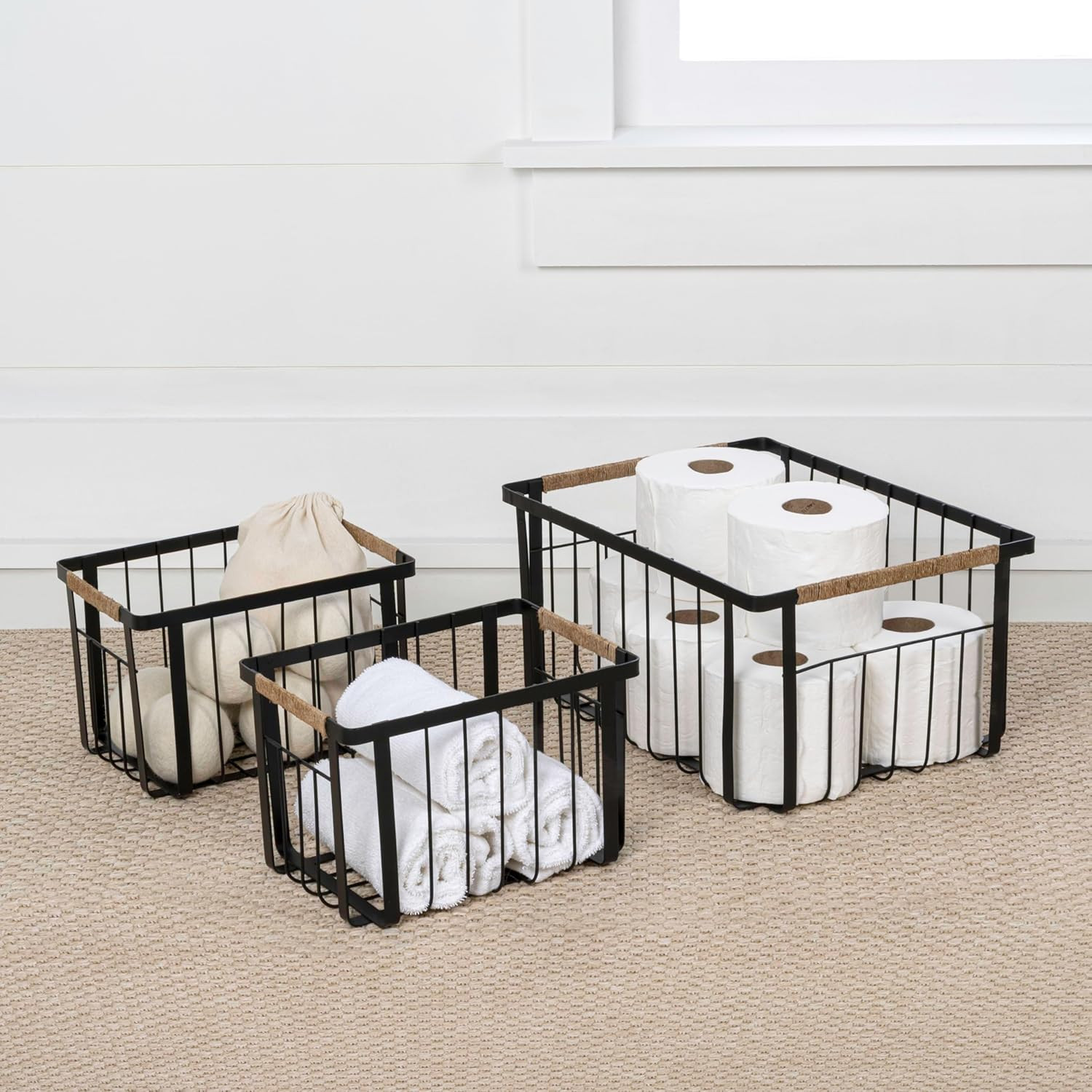 Vintage Farmhouse Wire Nesting Baskets with Jute Handles – Set of 3