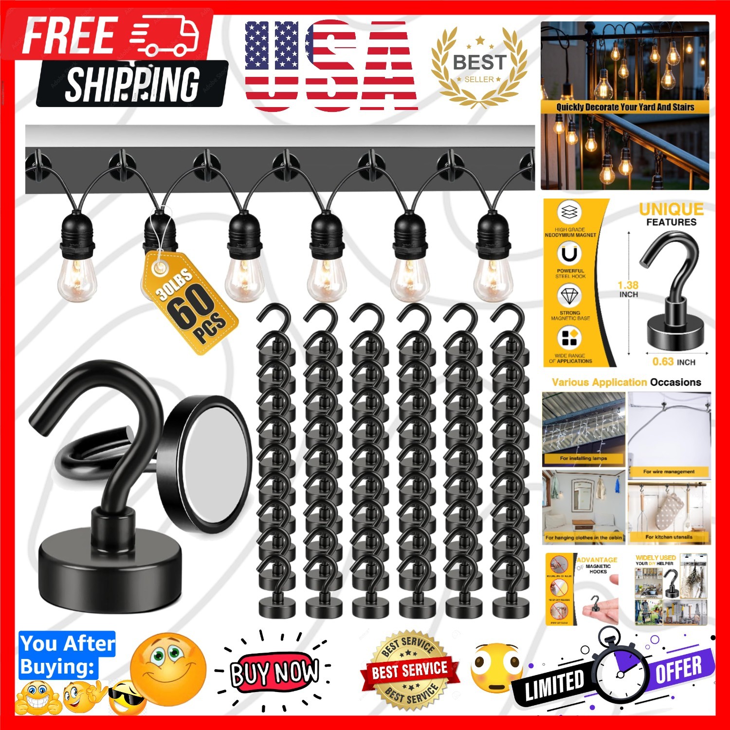 Elegant 60PCS Black Magnetic Hooks for Outdoor String Lights – 30lbs+ Capacity