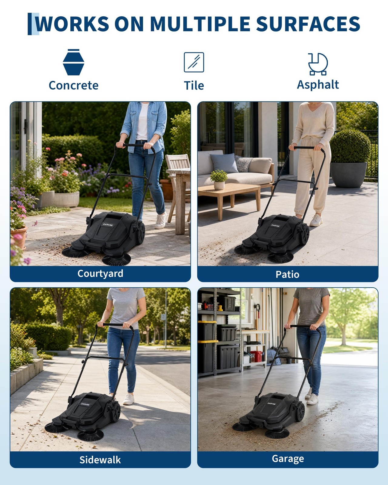 Walk Behind Outdoor Hand Push Floor Sweeper 25.6 In Wide Heavy Duty Yard Sweeper