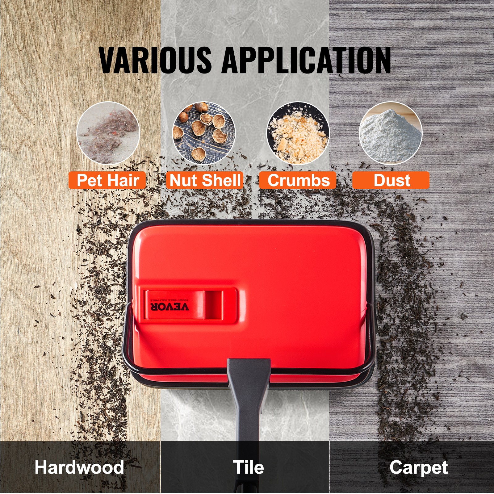 VEVOR Carpet Floor Sweeper Manual 6.7 inch Width Sweeping Paths Non Electric Red