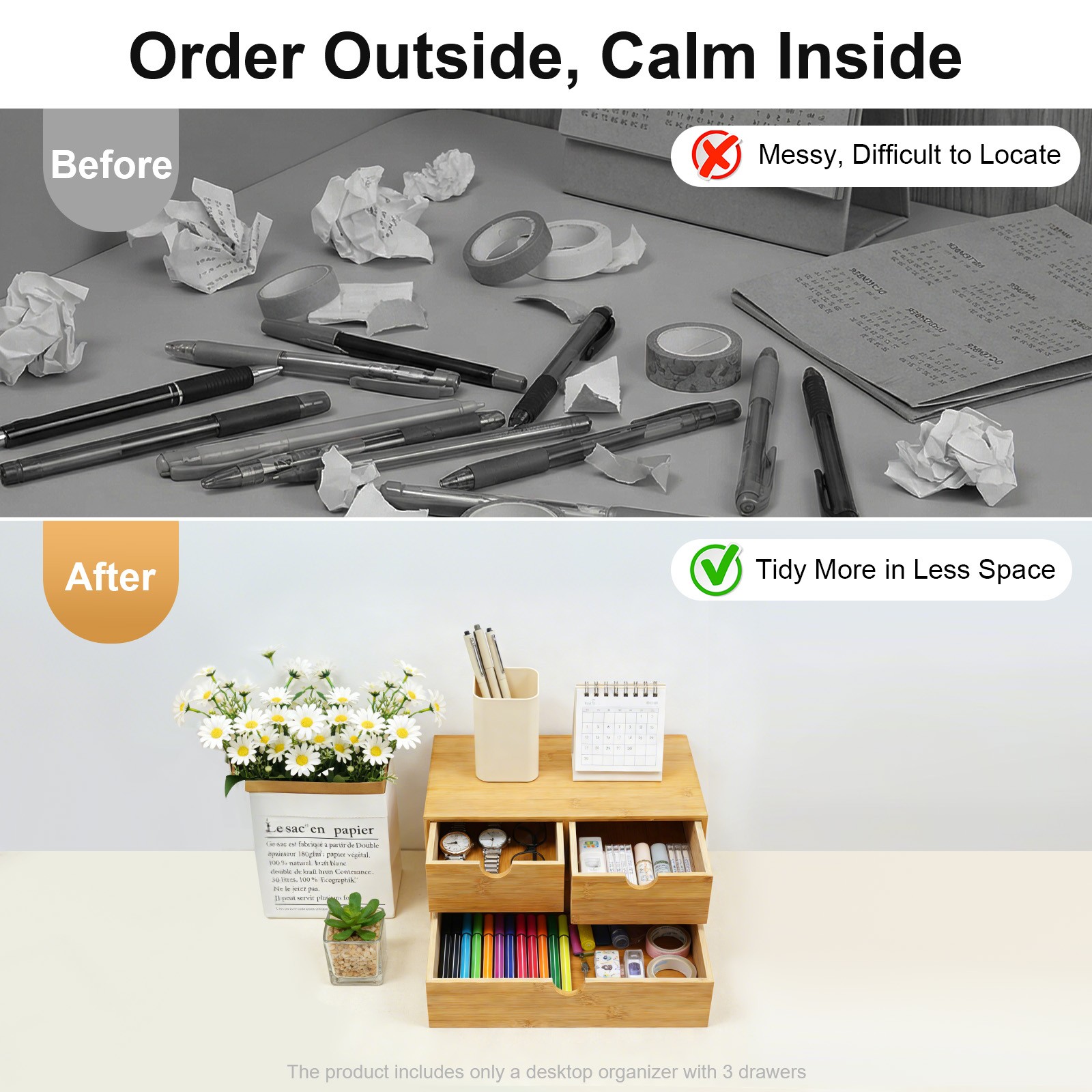 Bamboo Desk Organizer with 3 Drawers, Tabletop Storage Box No Assembly Required