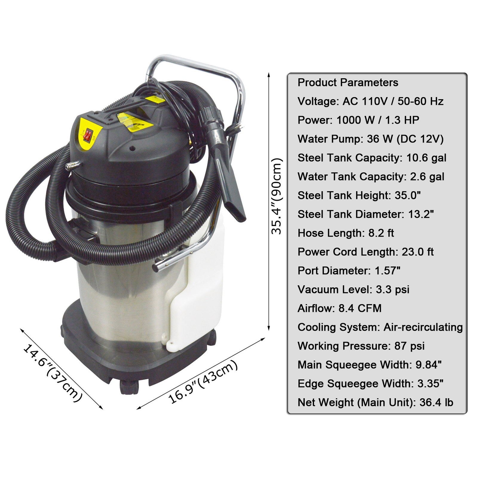 Carpet Extractor Machine (110V, 1000W / 1.3HP, 40L, Spray, Scrub and Drain)