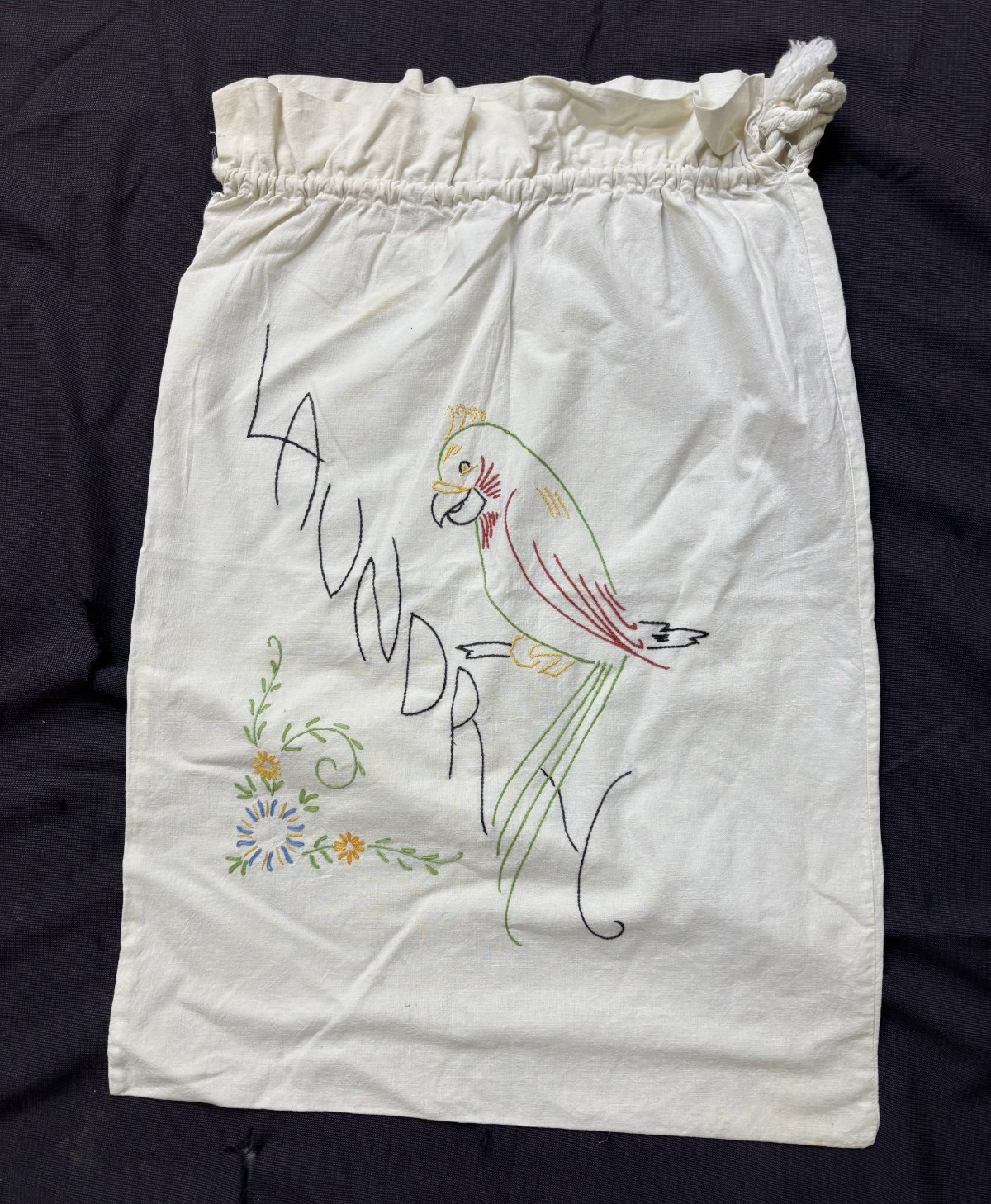 Lot 4 Vtg Antique Cotton Laundry Bags Draw String Clothes Sack Hand Embroidery