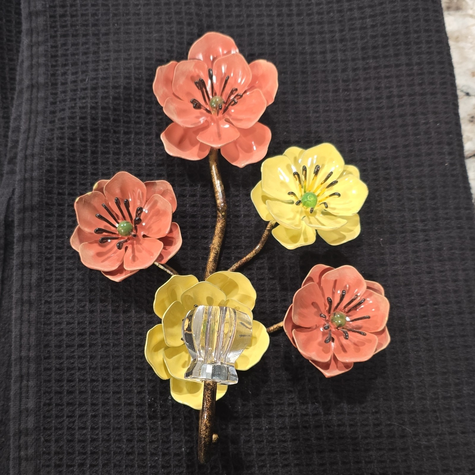 Floral Branch Decorative Wall Hook Art Nouveau Metal Yellow Pink Gold Glossy