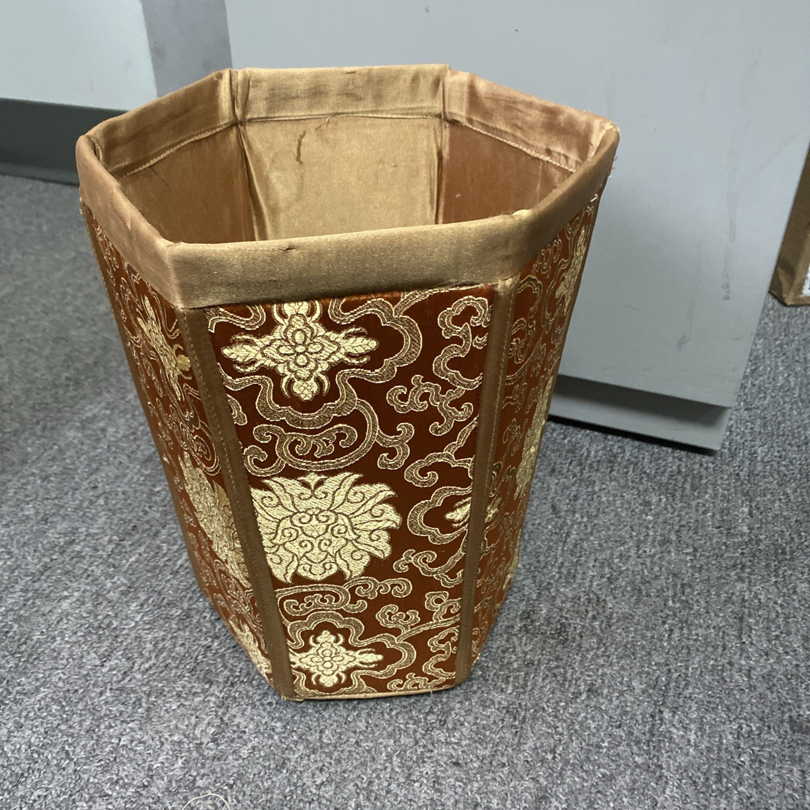 VTG Chinese Silk Brocade Hexagonal Waste paper Trash Basket Mcm 11.5x9x8″