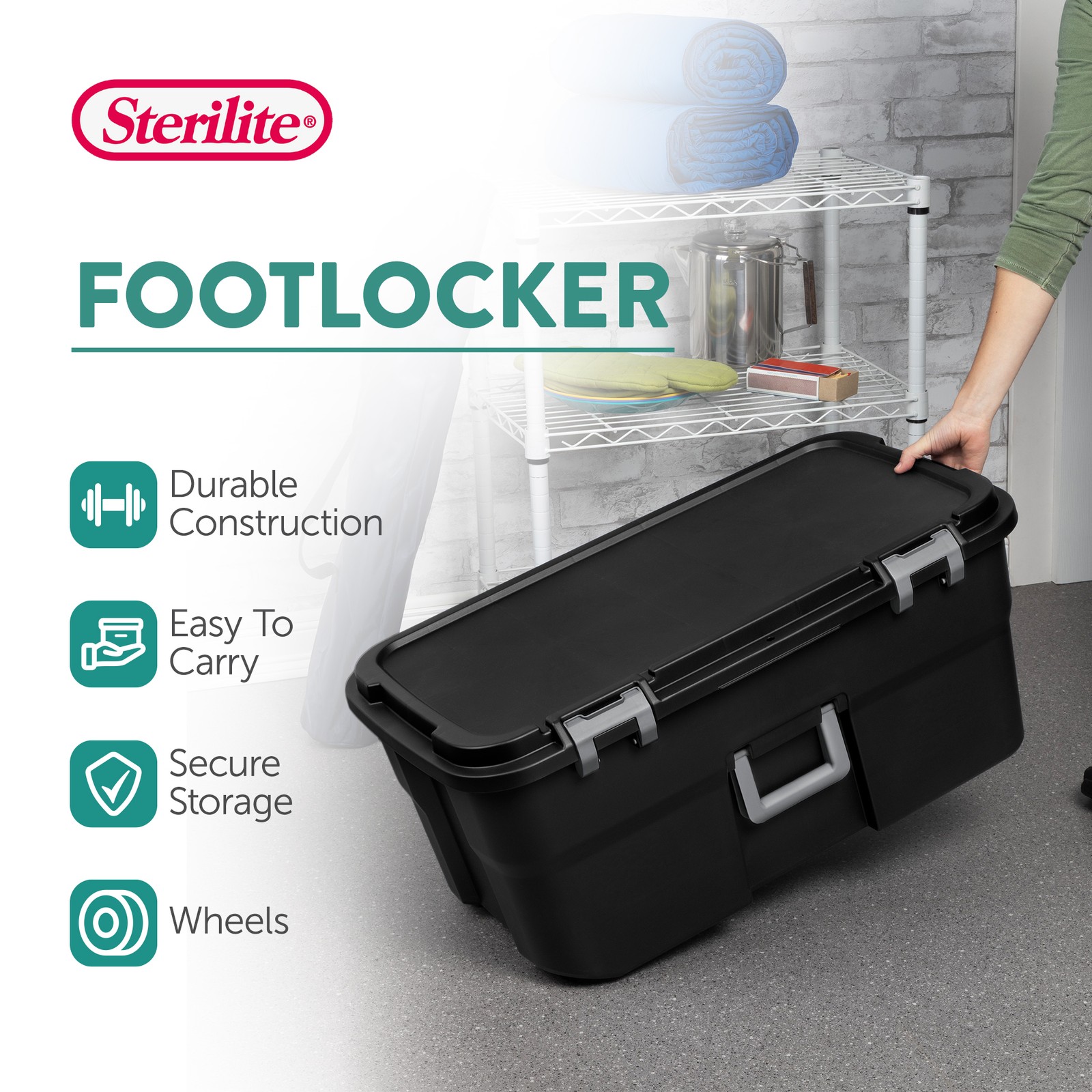 Sterilite Wheeled Footlocker, 22 Gal Plastic Storage Container with Lid, Black