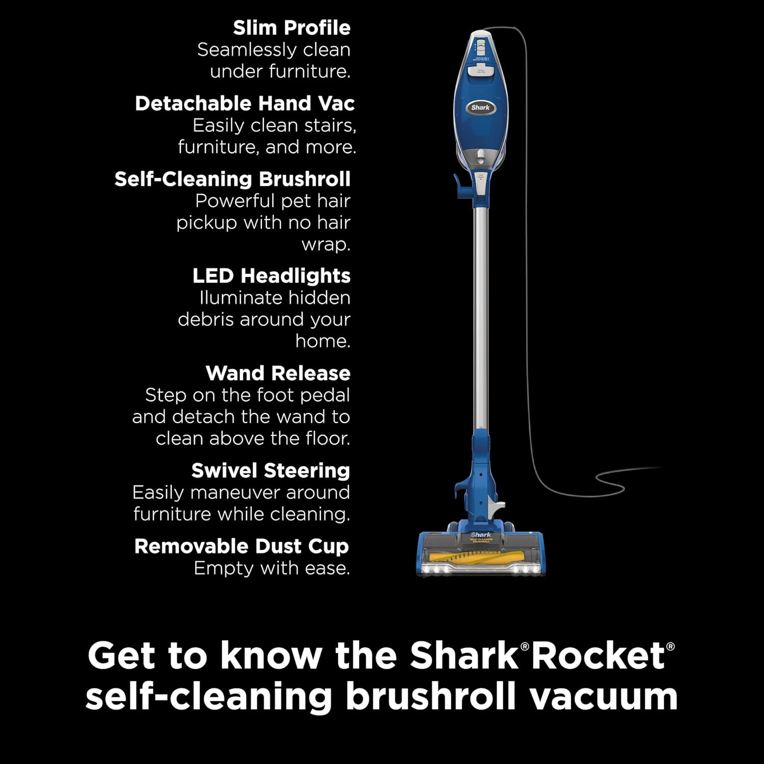 Shark Rocket Corded Stick Vacuum, Self-Cleaning Brushroll, Pet Hair, Blue/Silver