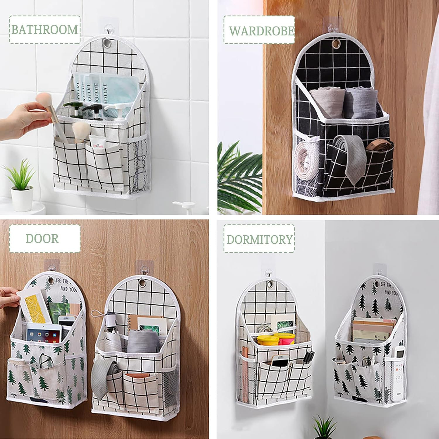 Wall Hanging Storage Bag, Black and White Checkered Linen Organizer Wall Mounted