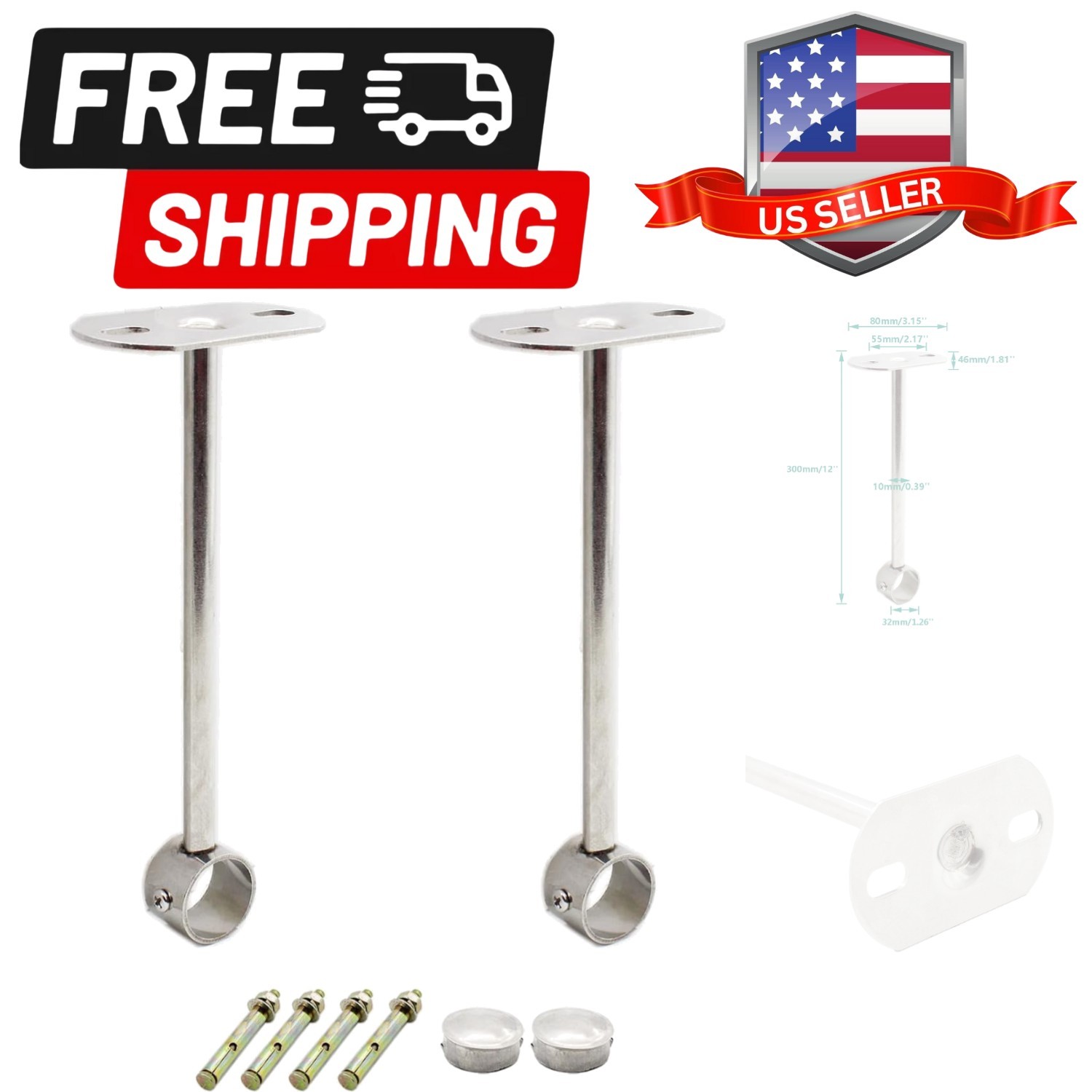 2 Pack Ceiling Mount Bracket, Stainless Steel Wardrobe Pipe Bracket Rod Holde…