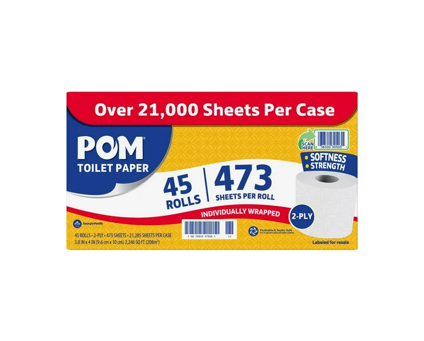 POM 2-Ply Toilet Paper 45 Rolls, 473 Sheets/Roll Bulk Bathroom Tissue