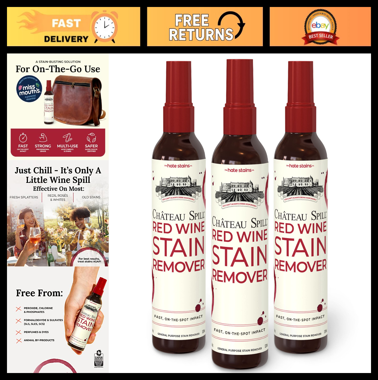 Wine Stain Remover Spray – Laundry & Carpet Cleaner – EPA Safer Choice – 4 Fl Oz