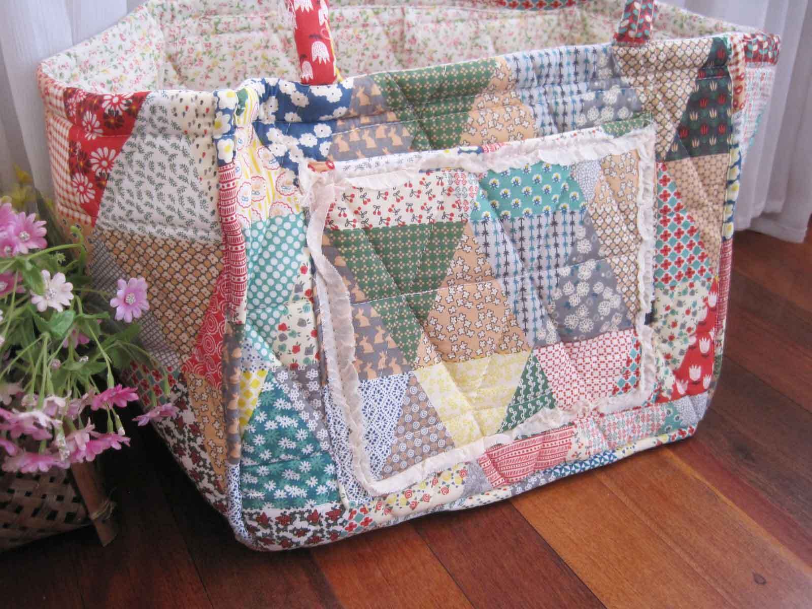 Lovely Flower Patch White Frill Embroidery Cotton Quilted Storage Basket NEW