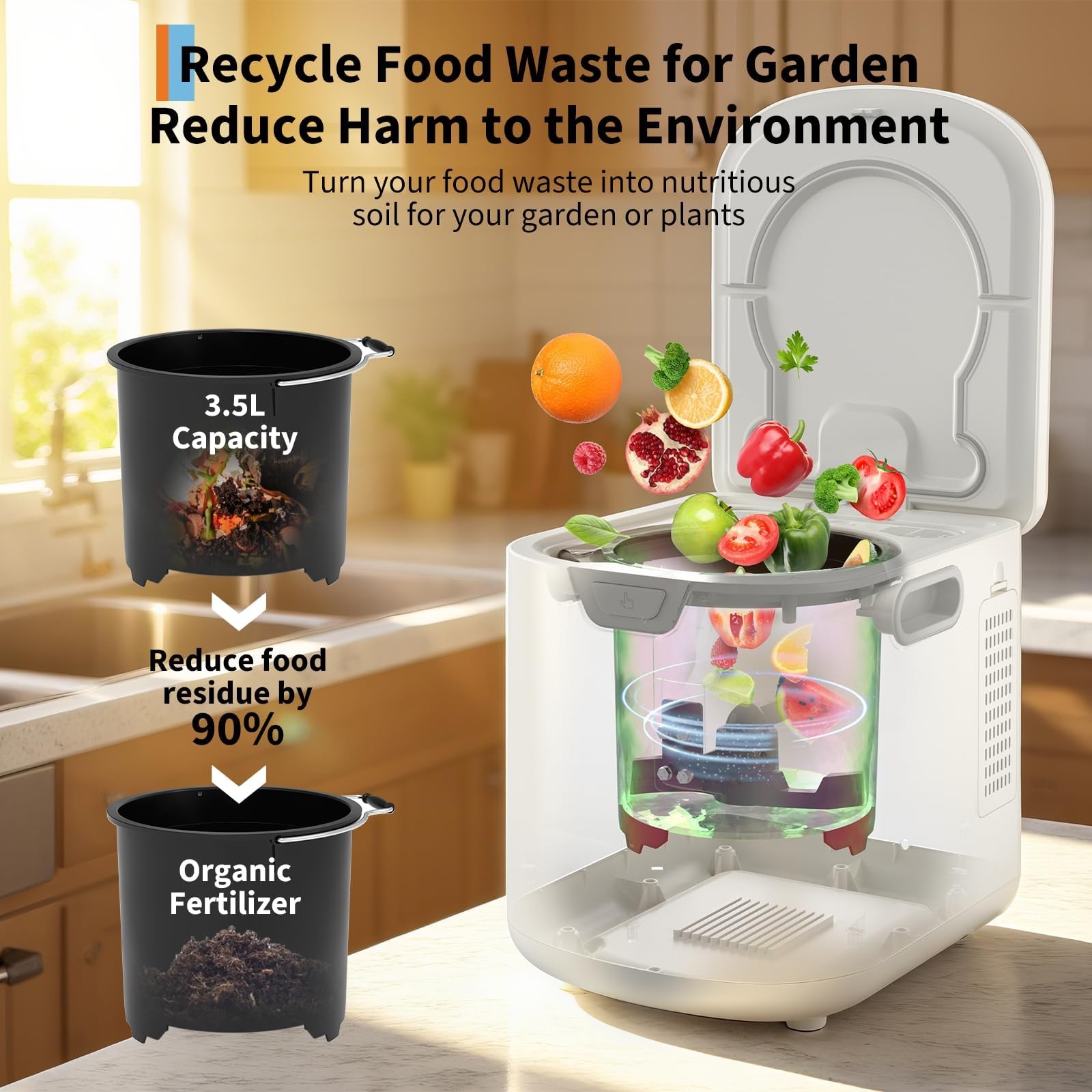 3.5L Fully Automatic Kitchen Compost Bin,Indoor Electric Food 3.5L, White