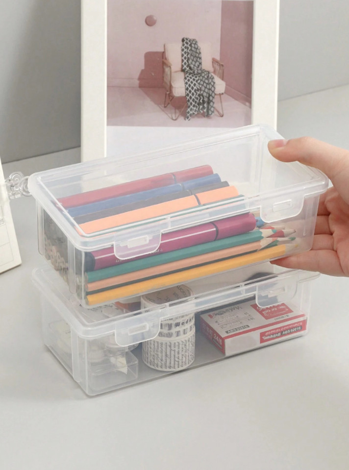 1 pc Transparent Large Capacity Plastic Pencil Case for Pens & Crayons Storage