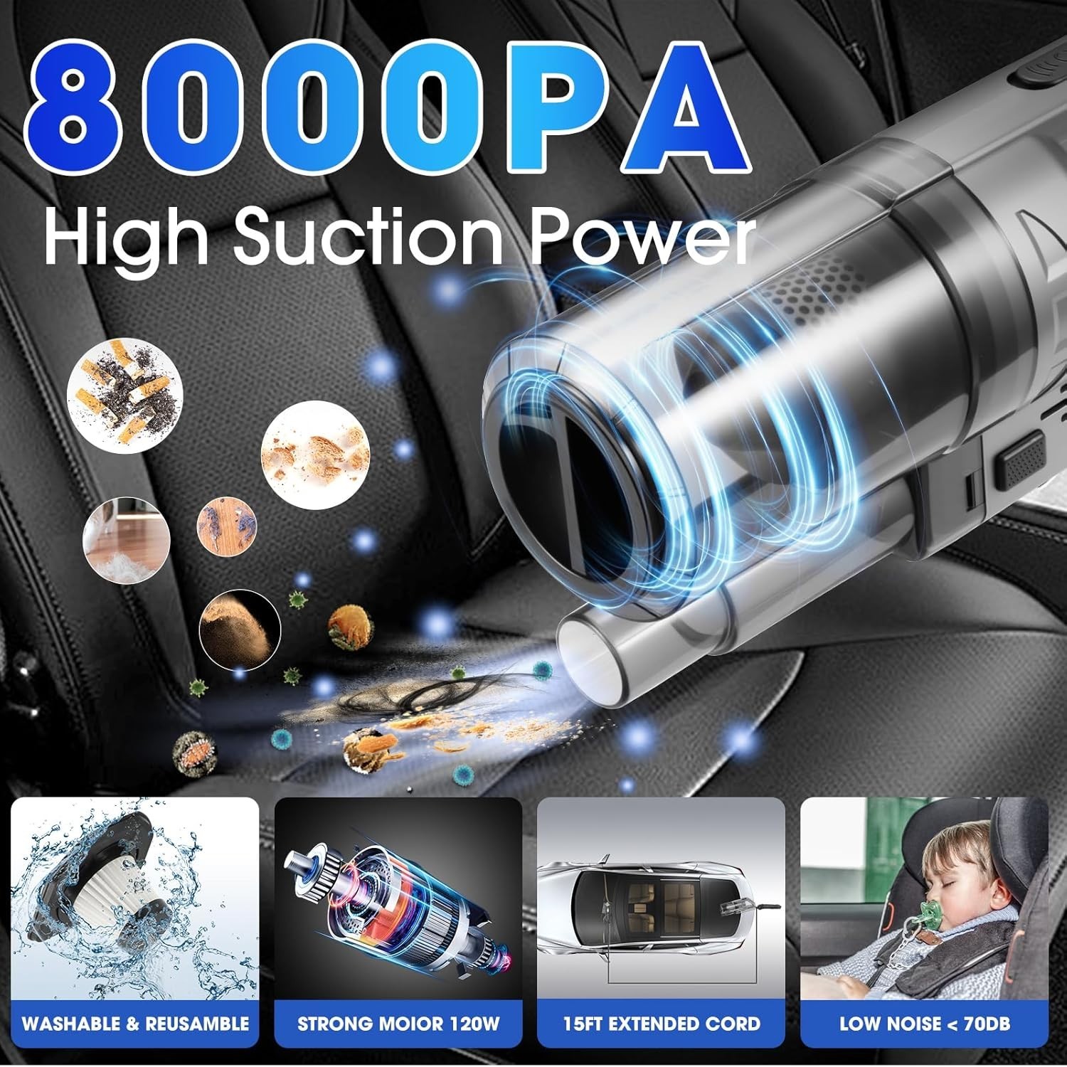 High Power Handheld Portable 15ft Corded Car Vacuum Cleaner 8000PA 12V 4 Nozzles